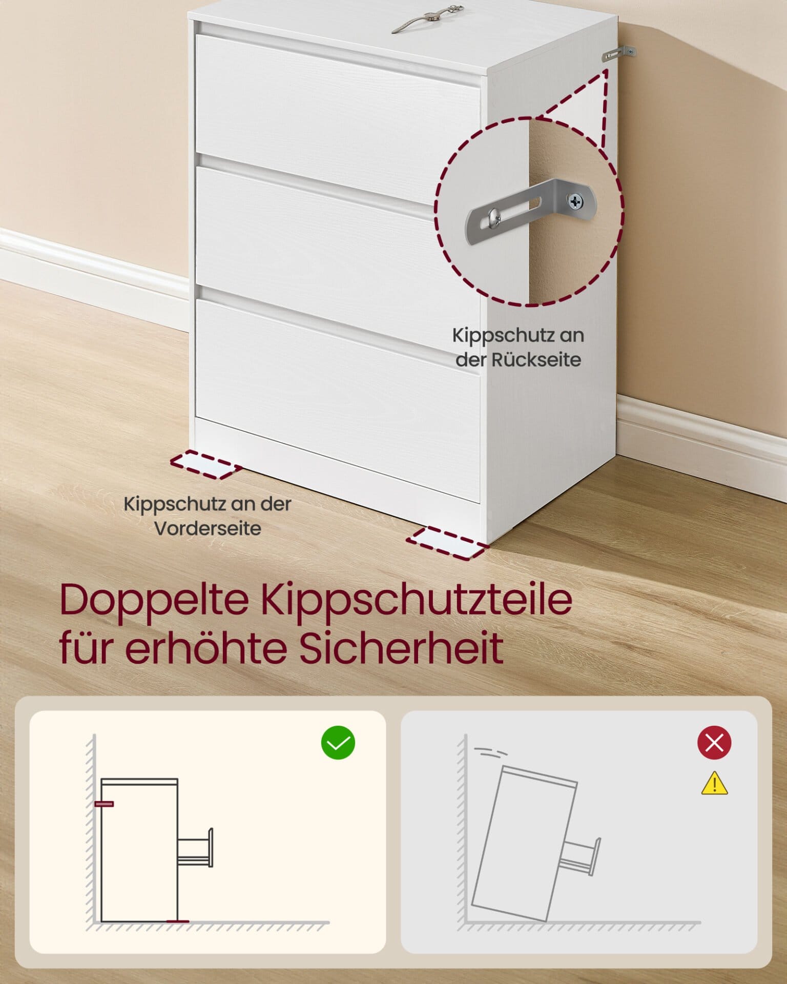 VASAGLE KAILYN Collection - Chest of Drawers for Bedroom, Storage Organiser Unit with 3 Drawers, 40 x 60 x 75 cm, Modern Style, Snow White LTS613WE01 3 VASAGLE KAILYN Collection - Chest of Drawers for Bedroom, Storage Organiser Unit with 3 Drawers, 40 x 60 x 75 cm, Modern Style, Snow White LTS613WE01 - Billede 3