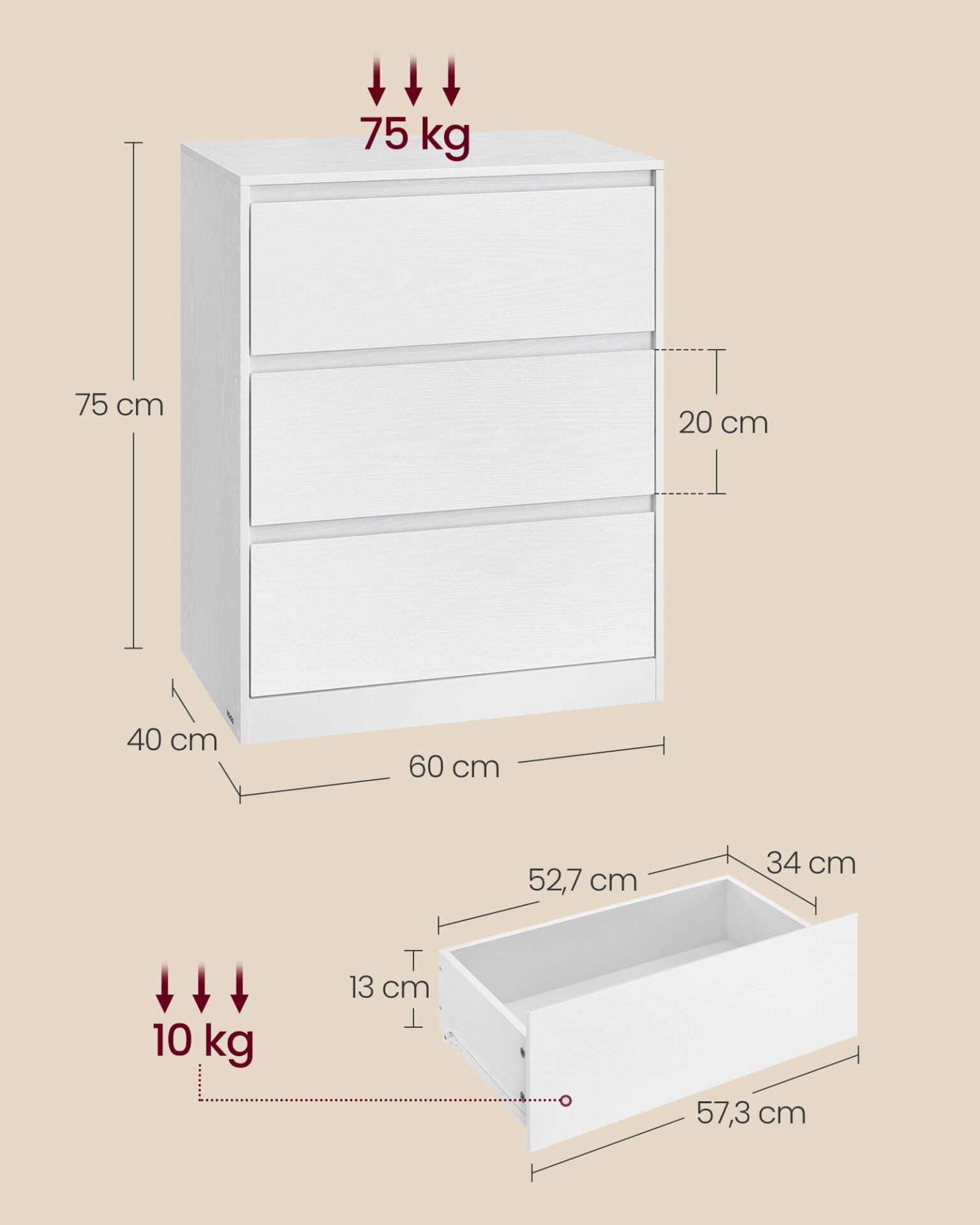 VASAGLE KAILYN Collection - Chest of Drawers for Bedroom, Storage Organiser Unit with 3 Drawers, 40 x 60 x 75 cm, Modern Style, Snow White LTS613WE01 4 VASAGLE KAILYN Collection - Chest of Drawers for Bedroom, Storage Organiser Unit with 3 Drawers, 40 x 60 x 75 cm, Modern Style, Snow White LTS613WE01 - Billede 4
