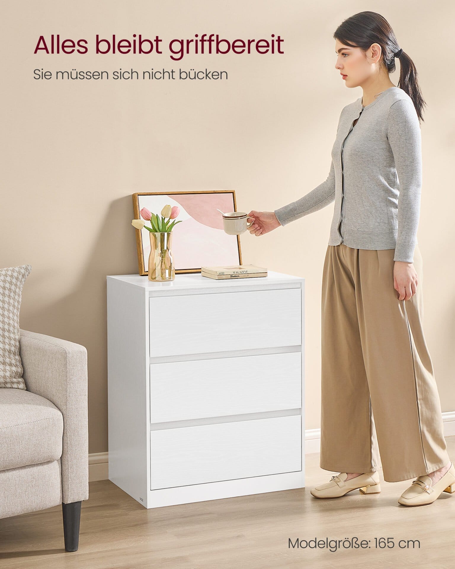 VASAGLE KAILYN Collection - Chest of Drawers for Bedroom, Storage Organiser Unit with 3 Drawers, 40 x 60 x 75 cm, Modern Style, Snow White LTS613WE01 5 VASAGLE KAILYN Collection - Chest of Drawers for Bedroom, Storage Organiser Unit with 3 Drawers, 40 x 60 x 75 cm, Modern Style, Snow White LTS613WE01 - Billede 5