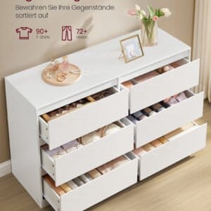 VASAGLE KAILYN Collection - Chest of Drawers for Bedroom, Storage Organiser Unit with 6 Drawers, 40 x 119.4 x 75 cm, Modern Style, Snow White LTS616W01