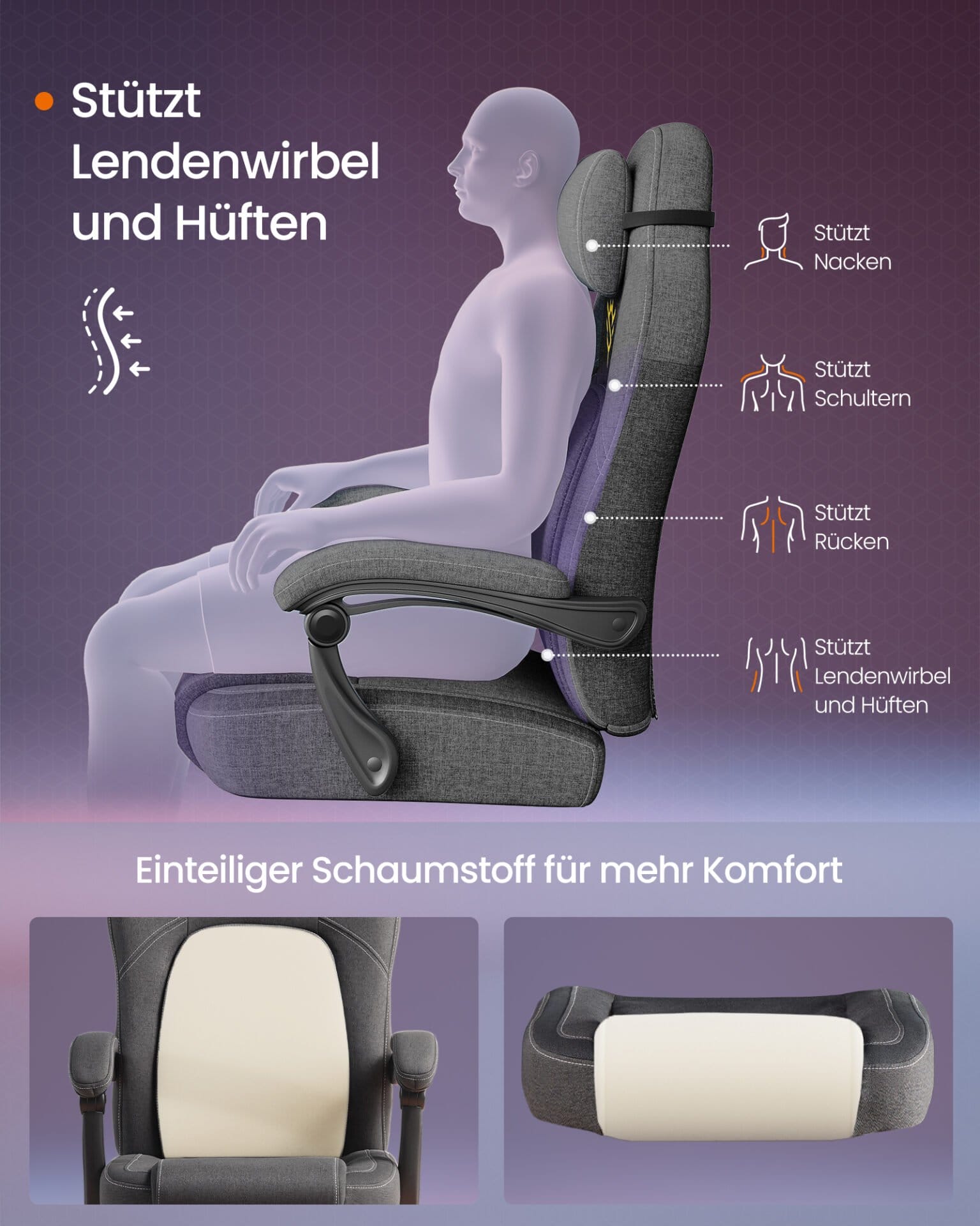 SONGMICS HOME Gaming Chair Ergonomic Computer Chair with Footrest Office Swivel Chair with Pillow Cotton Linen Blend Height Adjustable Dove Grey OBG072G01 3 SONGMICS HOME Gaming Chair Ergonomic Computer Chair with Footrest Office Swivel Chair with Pillow Cotton Linen Blend Height Adjustable Dove Grey OBG072G01 - Billede 3
