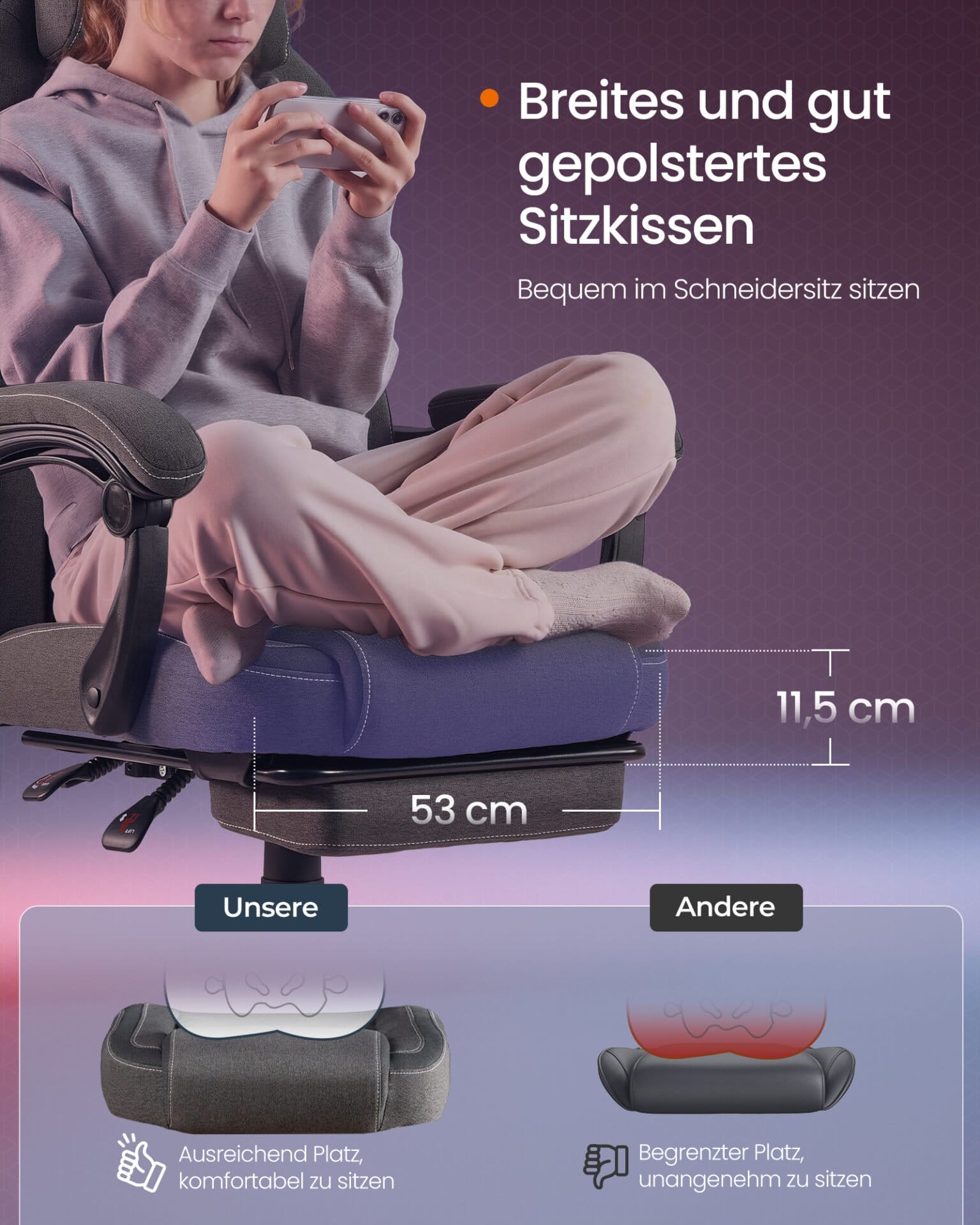 SONGMICS HOME Gaming Chair Ergonomic Computer Chair with Footrest Office Swivel Chair with Pillow Cotton Linen Blend Height Adjustable Dove Grey OBG072G01 4 SONGMICS HOME Gaming Chair Ergonomic Computer Chair with Footrest Office Swivel Chair with Pillow Cotton Linen Blend Height Adjustable Dove Grey OBG072G01 - Billede 4
