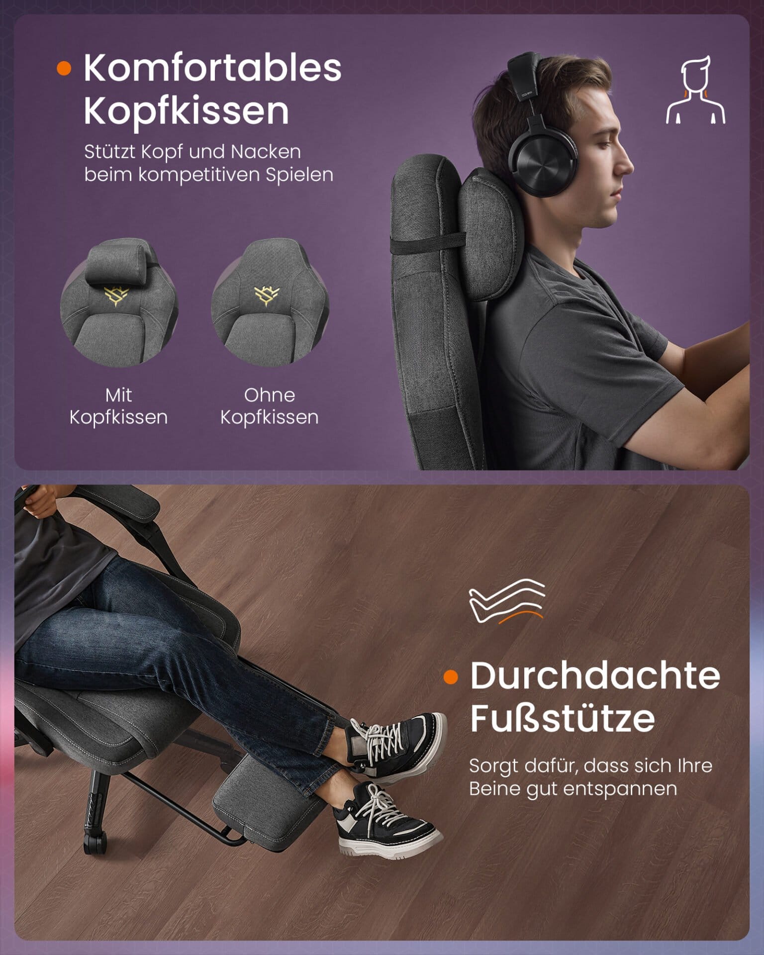 SONGMICS HOME Gaming Chair Ergonomic Computer Chair with Footrest Office Swivel Chair with Pillow Cotton Linen Blend Height Adjustable Dove Grey OBG072G01 5 SONGMICS HOME Gaming Chair Ergonomic Computer Chair with Footrest Office Swivel Chair with Pillow Cotton Linen Blend Height Adjustable Dove Grey OBG072G01 - Billede 5