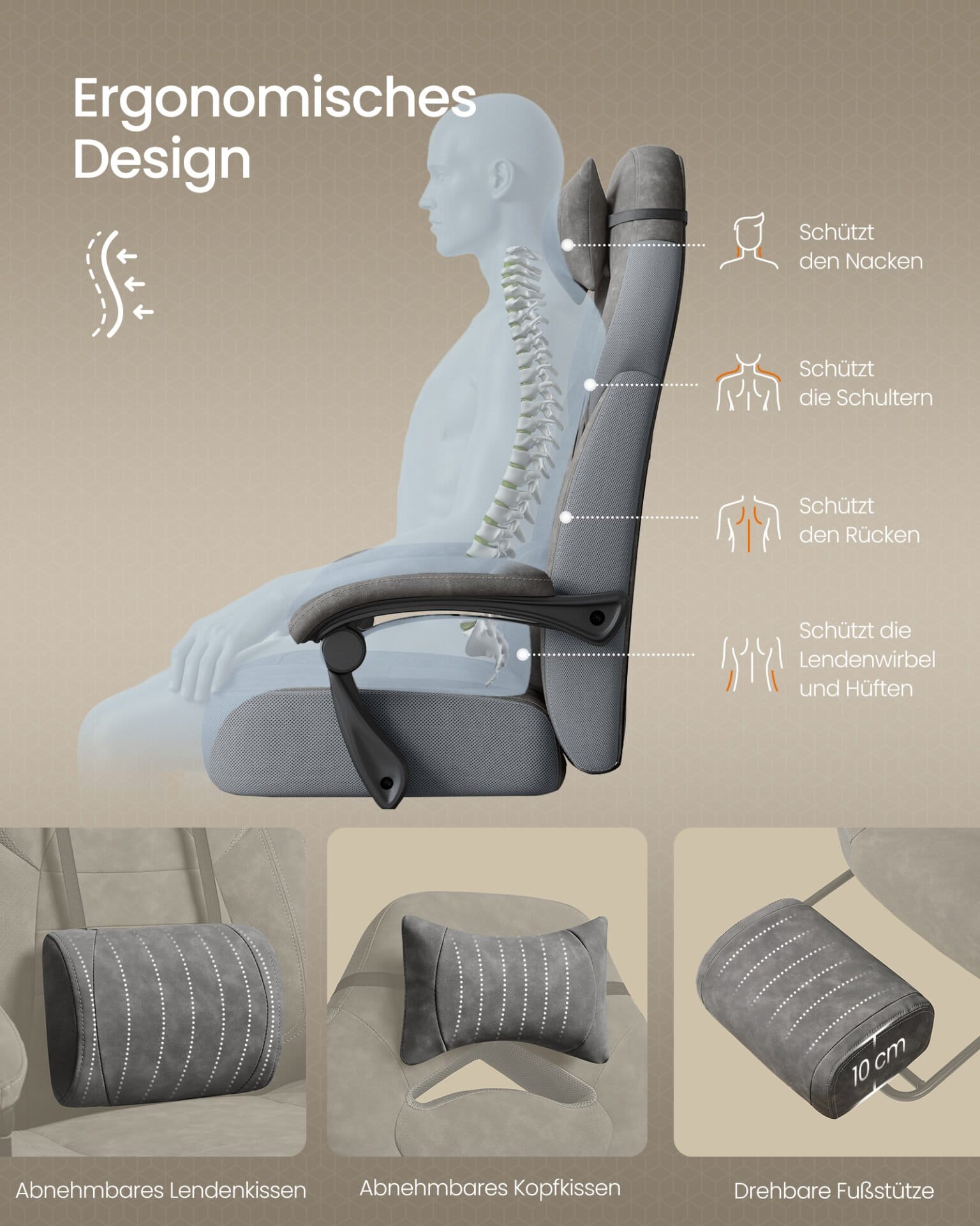 Gamingstol, Kontorcomputerstol, Ergonomisk design, 150 kg lasteevne, Skifergrå 4 Gamingstol, Kontorcomputerstol, Ergonomisk design, 150 kg lasteevne, Skifergrå - Billede 4
