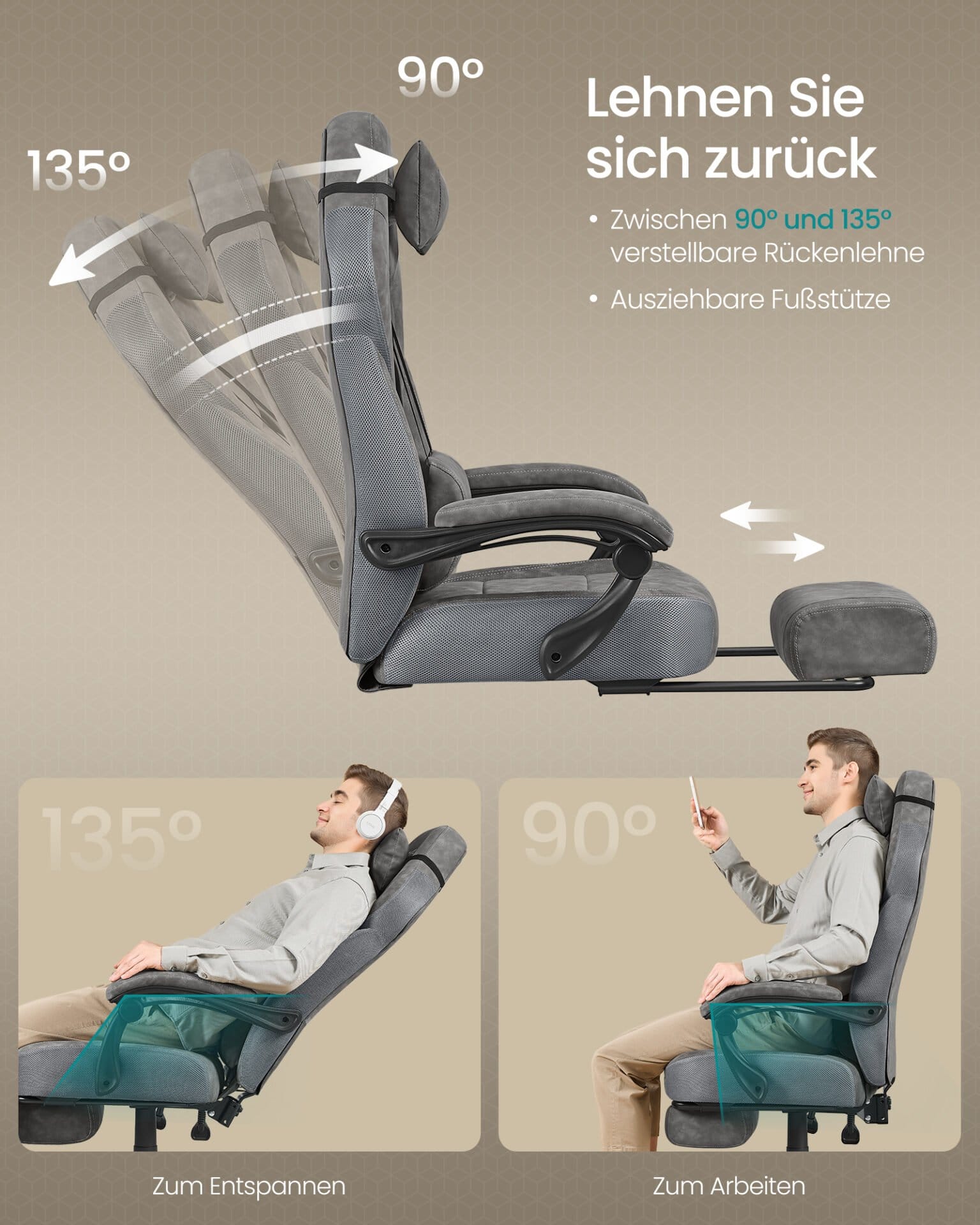 Gamingstol, Kontorcomputerstol, Ergonomisk design, 150 kg lasteevne, Skifergrå 5 Gamingstol, Kontorcomputerstol, Ergonomisk design, 150 kg lasteevne, Skifergrå - Billede 5