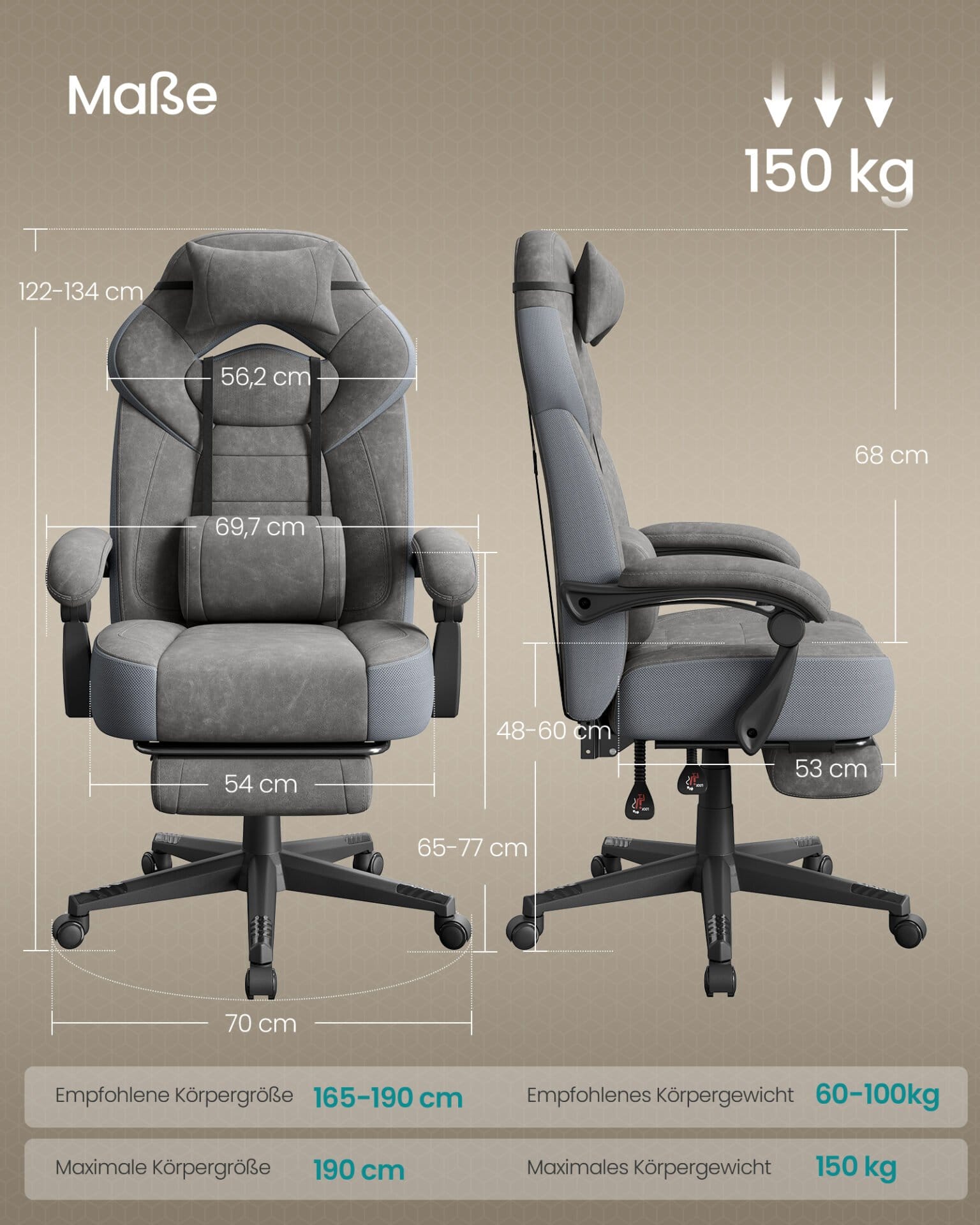 Gamingstol, Kontorcomputerstol, Ergonomisk design, 150 kg lasteevne, Skifergrå 6 Gamingstol, Kontorcomputerstol, Ergonomisk design, 150 kg lasteevne, Skifergrå - Billede 6