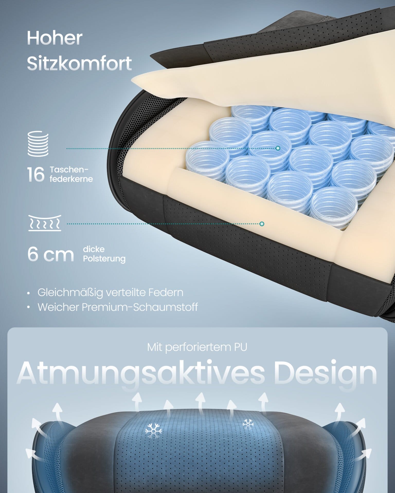 Ergonomisk Gamingstol, Sædehynde med Fjedre, Kontorstol 2 Ergonomisk Gamingstol, Sædehynde med Fjedre, Kontorstol - Billede 2