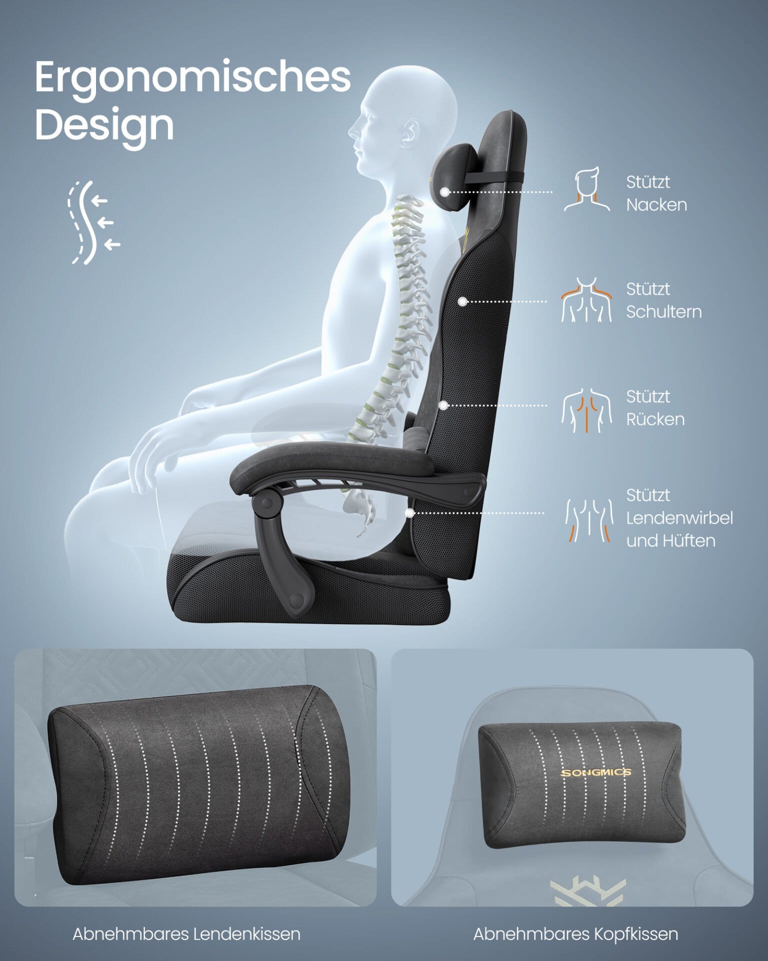Ergonomisk Gamingstol, Sædehynde med Fjedre, Kontorstol 4 Ergonomisk Gamingstol, Sædehynde med Fjedre, Kontorstol - Billede 4