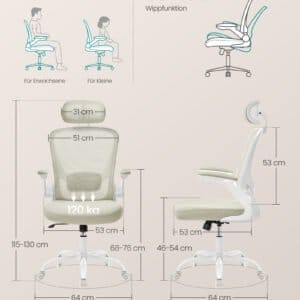 SONGMICS Office Chair, Mesh Swivel Chair, Ergonomic Lumbar and Head Support, Tilt Function, Wide Seat, Foldable Armrests, for Office Bedroom, Cappuccino Beige OBN047K01