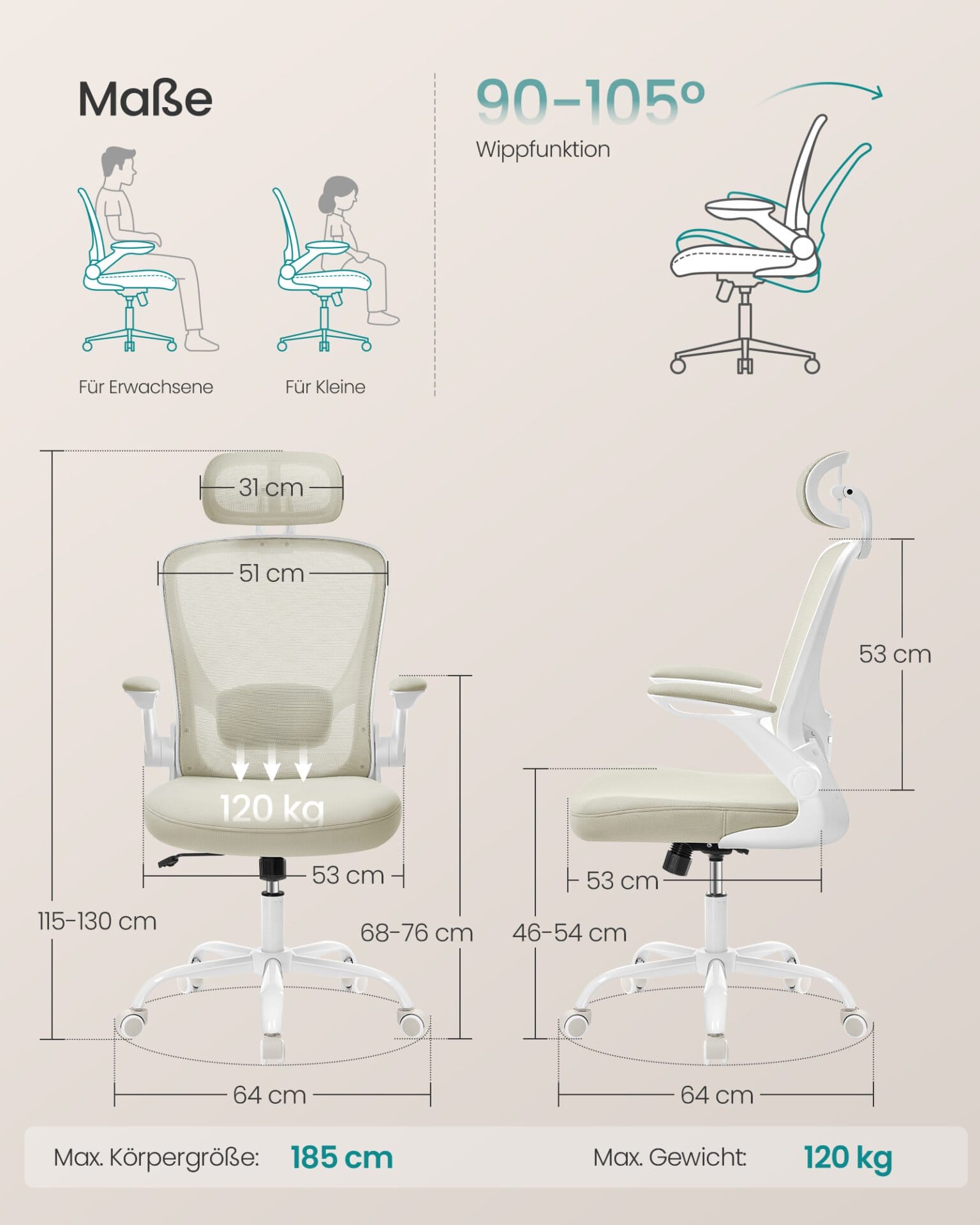 SONGMICS Office Chair, Mesh Swivel Chair, Ergonomic Lumbar and Head Support, Tilt Function, Wide Seat, Foldable Armrests, for Office Bedroom, Cappuccino Beige OBN047K01 1 SONGMICS Office Chair, Mesh Swivel Chair, Ergonomic Lumbar and Head Support, Tilt Function, Wide Seat, Foldable Armrests, for Office Bedroom, Cappuccino Beige OBN047K01