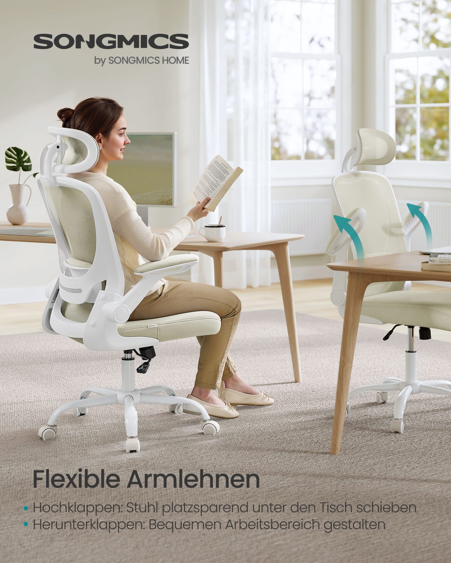 SONGMICS Office Chair, Mesh Swivel Chair, Ergonomic Lumbar and Head Support, Tilt Function, Wide Seat, Foldable Armrests, for Office Bedroom, Cappuccino Beige OBN047K01 5 SONGMICS Office Chair, Mesh Swivel Chair, Ergonomic Lumbar and Head Support, Tilt Function, Wide Seat, Foldable Armrests, for Office Bedroom, Cappuccino Beige OBN047K01 - Billede 5