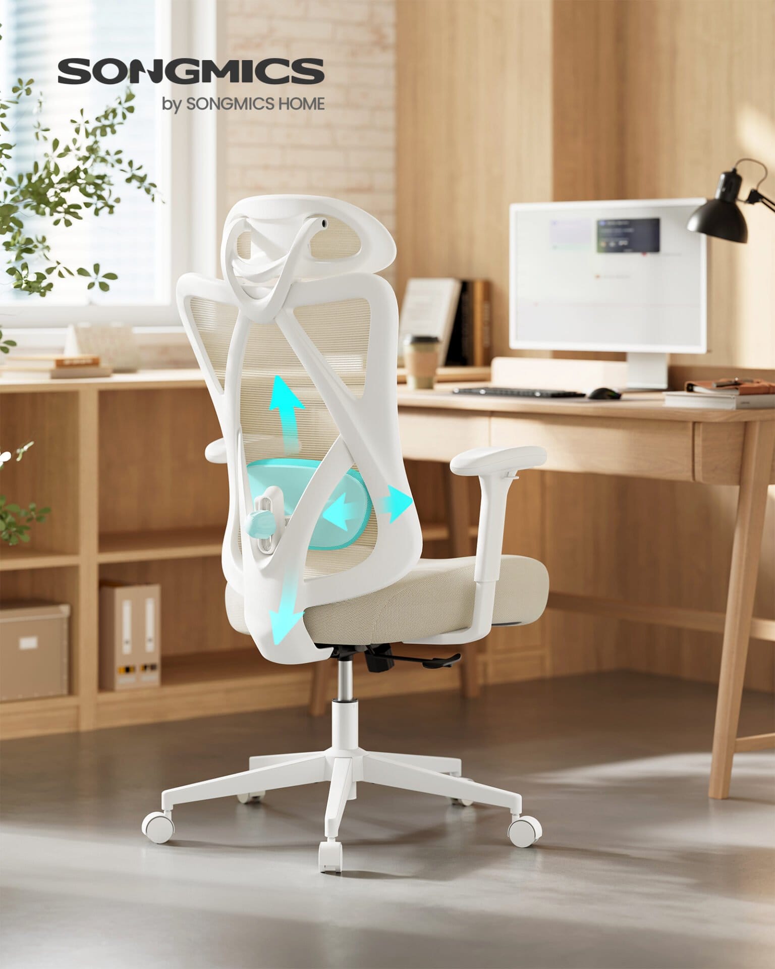 SONGMICS Ergonomic Office Chair, Desk Chair, Computer Chair, Mesh Chair, Adjustable Lumbar and Head Cushion, Load Capacity up to 150 kg, Height Adjustable, Cappuccino Beige OBN063LH01 1 SONGMICS Ergonomic Office Chair, Desk Chair, Computer Chair, Mesh Chair, Adjustable Lumbar and Head Cushion, Load Capacity up to 150 kg, Height Adjustable, Cappuccino Beige OBN063LH01
