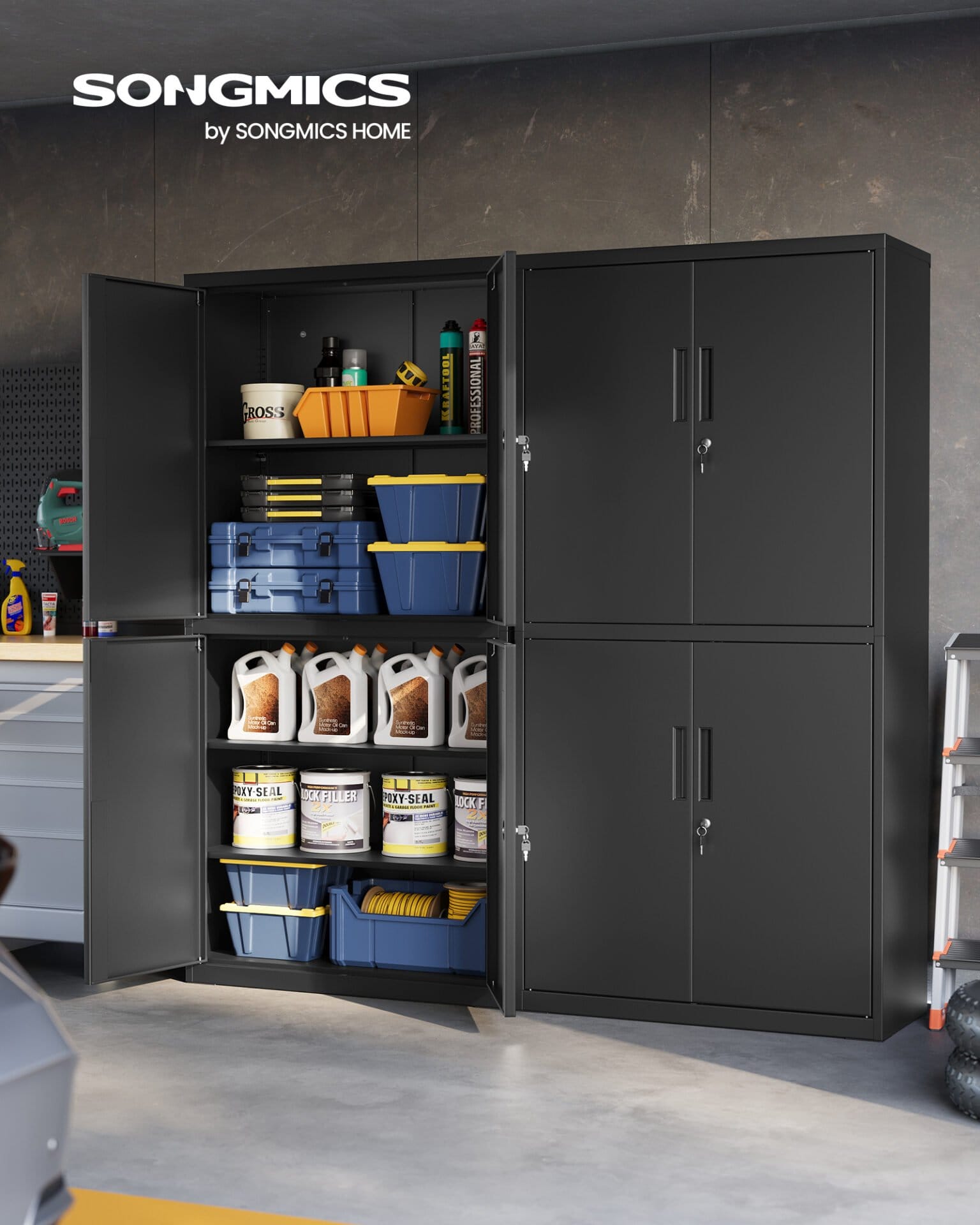 SONGMICS OMC016B01 Multi-Purpose Office Cabinet with 4 Doors and 5 Levels, 40 x 80 x 180 cm, 2 Locks, Adjustable Shelves, Steel Storage Cabinet, Matt Black 1 SONGMICS OMC016B01 Multi-Purpose Office Cabinet with 4 Doors and 5 Levels, 40 x 80 x 180 cm, 2 Locks, Adjustable Shelves, Steel Storage Cabinet, Matt Black