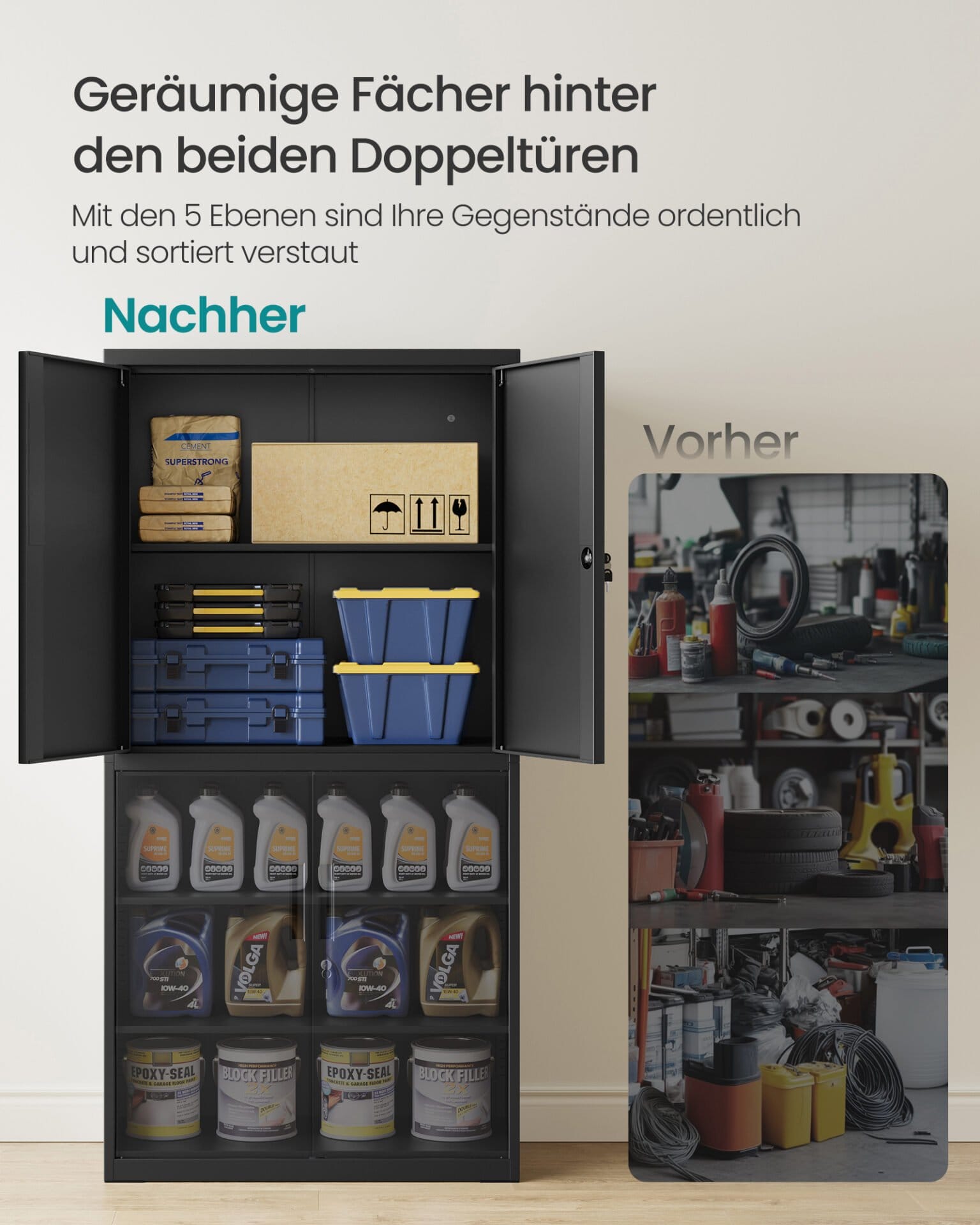 SONGMICS OMC016B01 Multi-Purpose Office Cabinet with 4 Doors and 5 Levels, 40 x 80 x 180 cm, 2 Locks, Adjustable Shelves, Steel Storage Cabinet, Matt Black 2 SONGMICS OMC016B01 Multi-Purpose Office Cabinet with 4 Doors and 5 Levels, 40 x 80 x 180 cm, 2 Locks, Adjustable Shelves, Steel Storage Cabinet, Matt Black - Billede 2