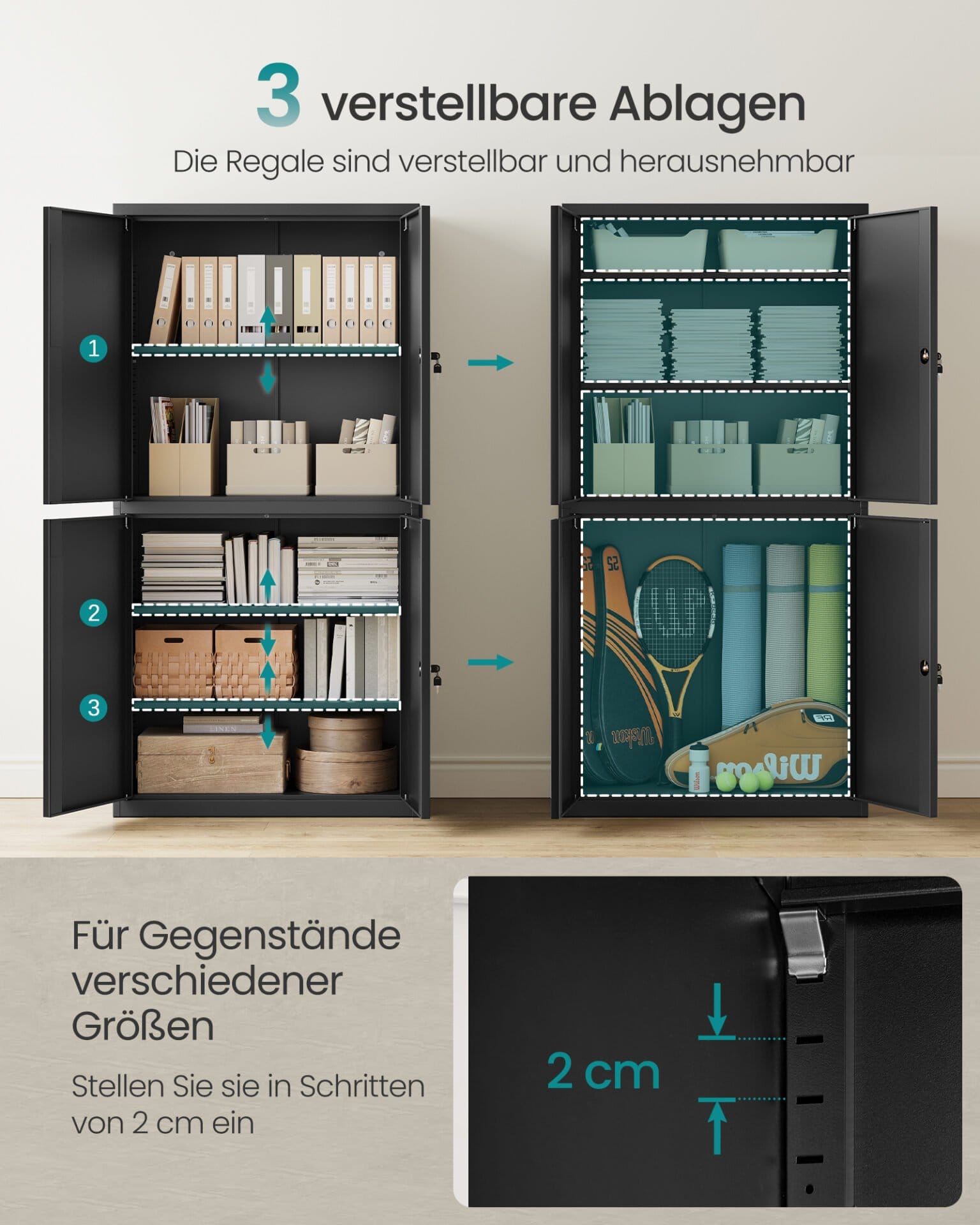 SONGMICS OMC016B01 Multi-Purpose Office Cabinet with 4 Doors and 5 Levels, 40 x 80 x 180 cm, 2 Locks, Adjustable Shelves, Steel Storage Cabinet, Matt Black 3 SONGMICS OMC016B01 Multi-Purpose Office Cabinet with 4 Doors and 5 Levels, 40 x 80 x 180 cm, 2 Locks, Adjustable Shelves, Steel Storage Cabinet, Matt Black - Billede 3