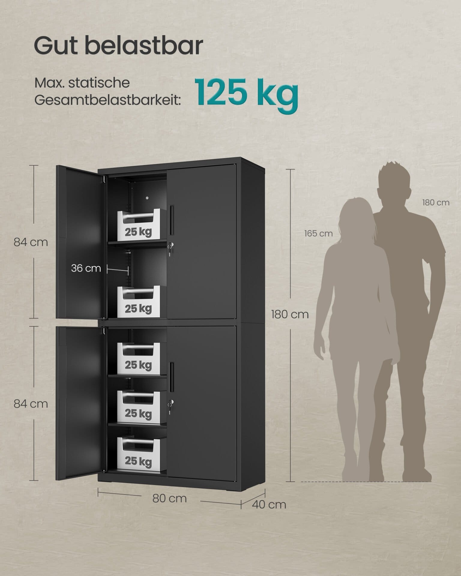 SONGMICS OMC016B01 Multi-Purpose Office Cabinet with 4 Doors and 5 Levels, 40 x 80 x 180 cm, 2 Locks, Adjustable Shelves, Steel Storage Cabinet, Matt Black 5 SONGMICS OMC016B01 Multi-Purpose Office Cabinet with 4 Doors and 5 Levels, 40 x 80 x 180 cm, 2 Locks, Adjustable Shelves, Steel Storage Cabinet, Matt Black - Billede 5