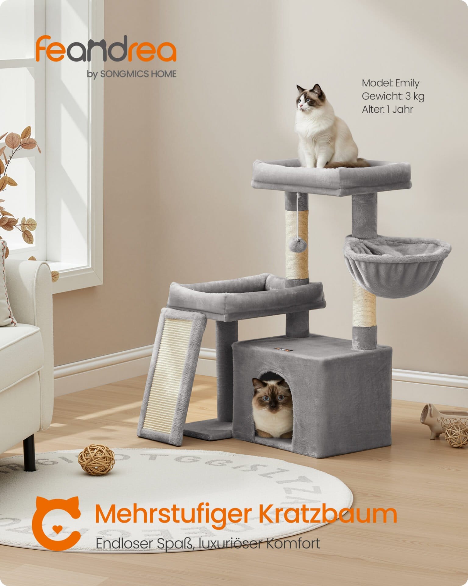 Feandrea Cat Tree Tower Condo with 2 Beds, Scratching Posts and Ramp, for Small and Medium Cats, Dove Grey PCT013GD01 1 Feandrea Cat Tree Tower Condo with 2 Beds, Scratching Posts and Ramp, for Small and Medium Cats, Dove Grey PCT013GD01