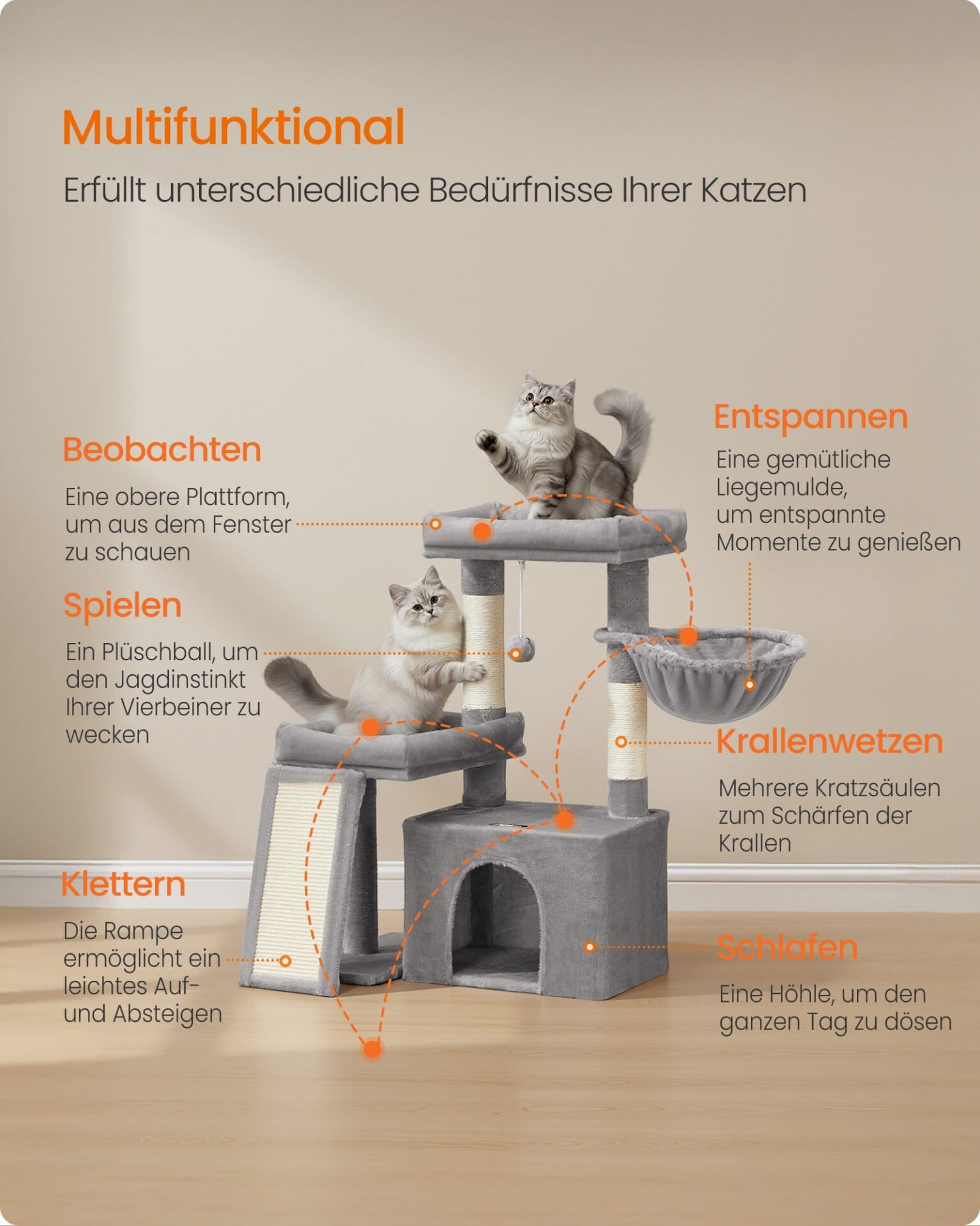 Feandrea Cat Tree Tower Condo with 2 Beds, Scratching Posts and Ramp, for Small and Medium Cats, Dove Grey PCT013GD01 2 Feandrea Cat Tree Tower Condo with 2 Beds, Scratching Posts and Ramp, for Small and Medium Cats, Dove Grey PCT013GD01 - Billede 2