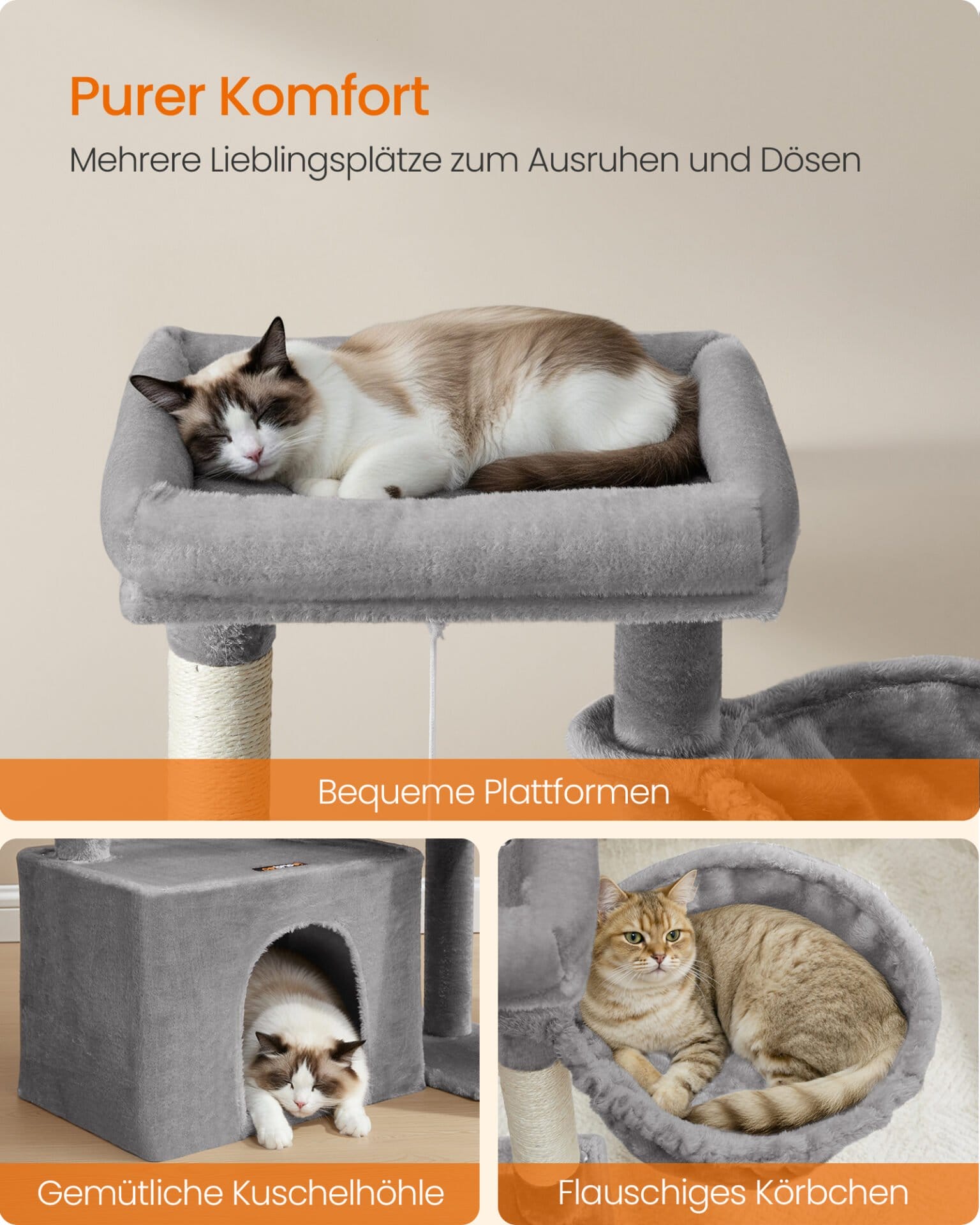 Feandrea Cat Tree Tower Condo with 2 Beds, Scratching Posts and Ramp, for Small and Medium Cats, Dove Grey PCT013GD01 3 Feandrea Cat Tree Tower Condo with 2 Beds, Scratching Posts and Ramp, for Small and Medium Cats, Dove Grey PCT013GD01 - Billede 3