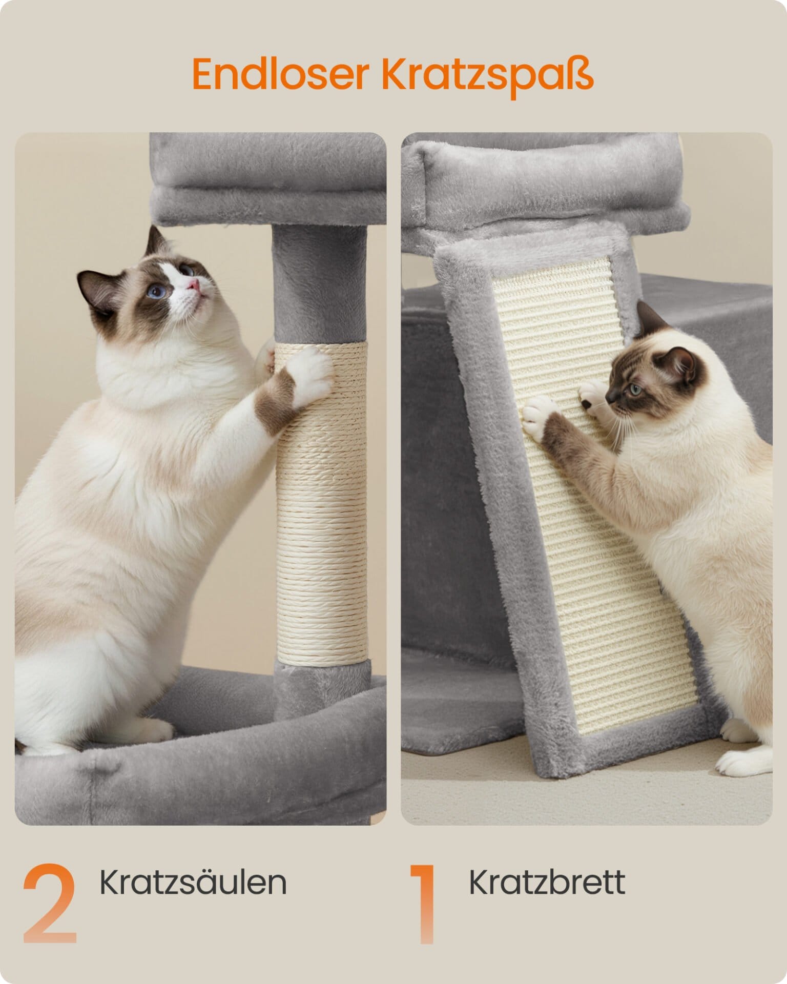 Feandrea Cat Tree Tower Condo with 2 Beds, Scratching Posts and Ramp, for Small and Medium Cats, Dove Grey PCT013GD01 4 Feandrea Cat Tree Tower Condo with 2 Beds, Scratching Posts and Ramp, for Small and Medium Cats, Dove Grey PCT013GD01 - Billede 4