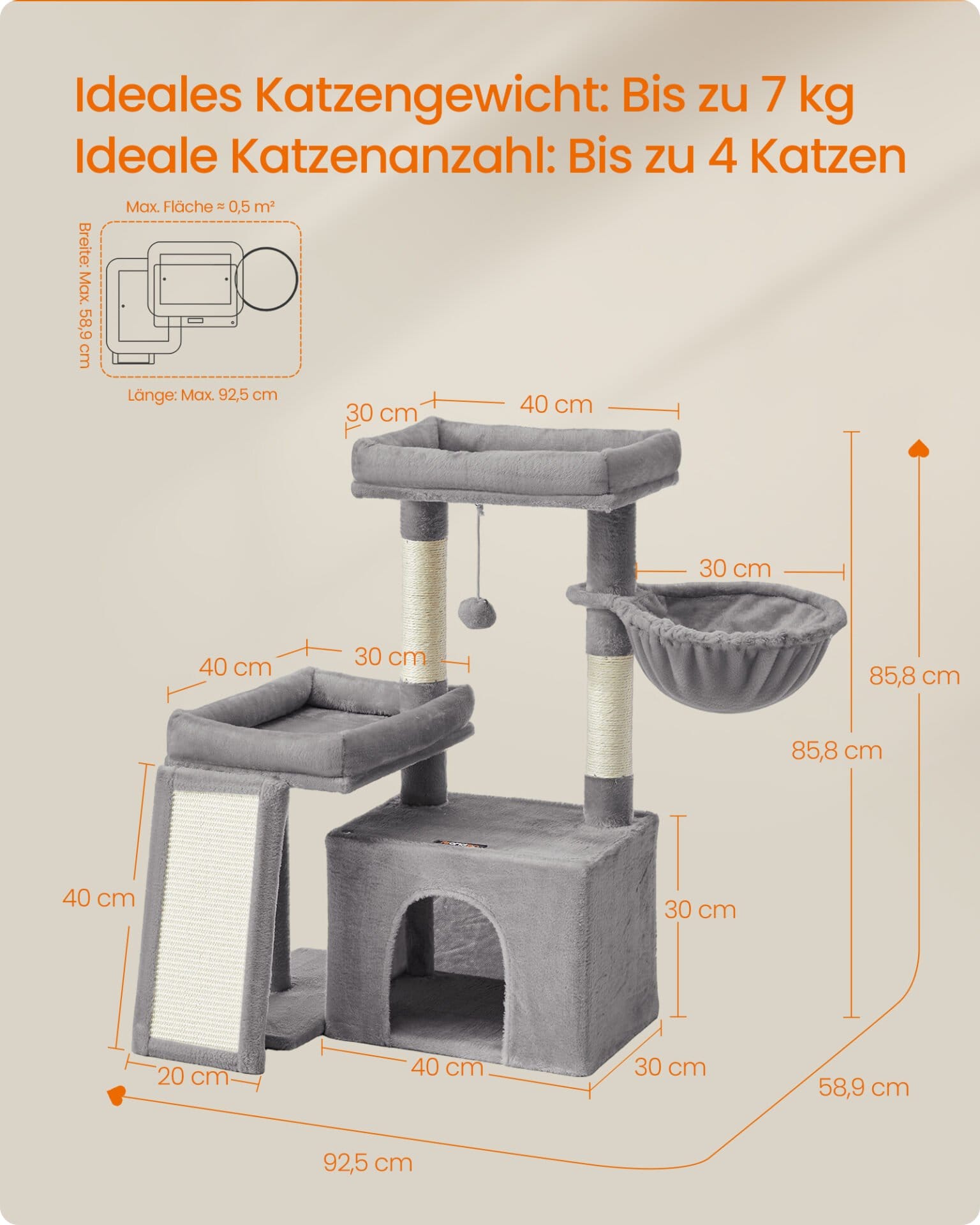 Feandrea Cat Tree Tower Condo with 2 Beds, Scratching Posts and Ramp, for Small and Medium Cats, Dove Grey PCT013GD01 5 Feandrea Cat Tree Tower Condo with 2 Beds, Scratching Posts and Ramp, for Small and Medium Cats, Dove Grey PCT013GD01 - Billede 5