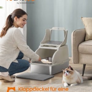 Feandrea Stainless Steel Cat Litter Box with Flip Lid, XL Enclosed Litter Box with Leak-Proof Design, Scoop, Brush, Dual Entry, for Cats up to 15 kg, Cappuccino Beige PPT005K01