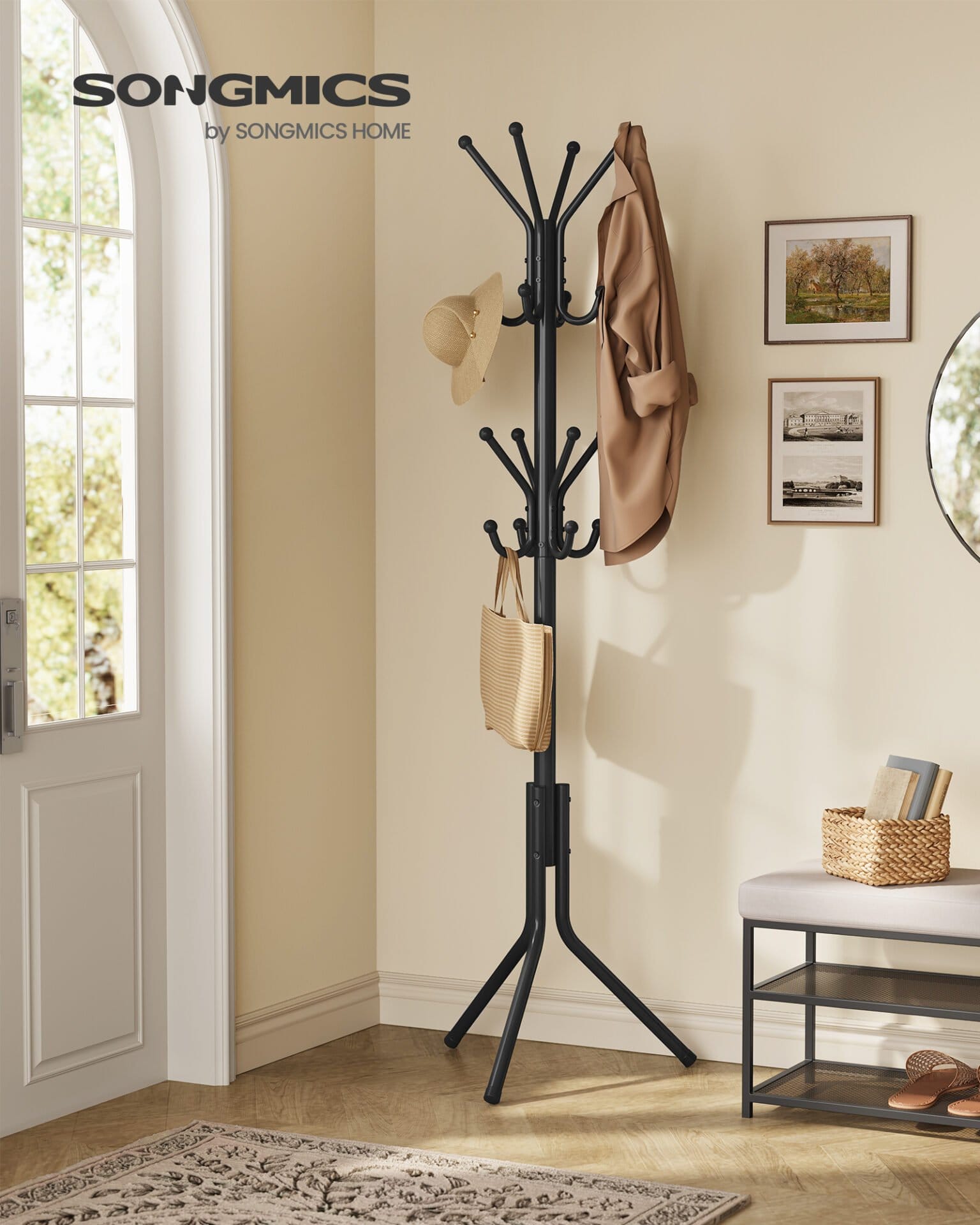 SONGMICS Coat Rack, Metal Coat Tree, Freestanding Organizer for Clothes, Bags, Hats, 175 cm Tall, 16 Hooks, for Entryway, Living Room, Bedroom, Ink Black RCR081BH01 2 SONGMICS Coat Rack, Metal Coat Tree, Freestanding Organizer for Clothes, Bags, Hats, 175 cm Tall, 16 Hooks, for Entryway, Living Room, Bedroom, Ink Black RCR081BH01 - Billede 2