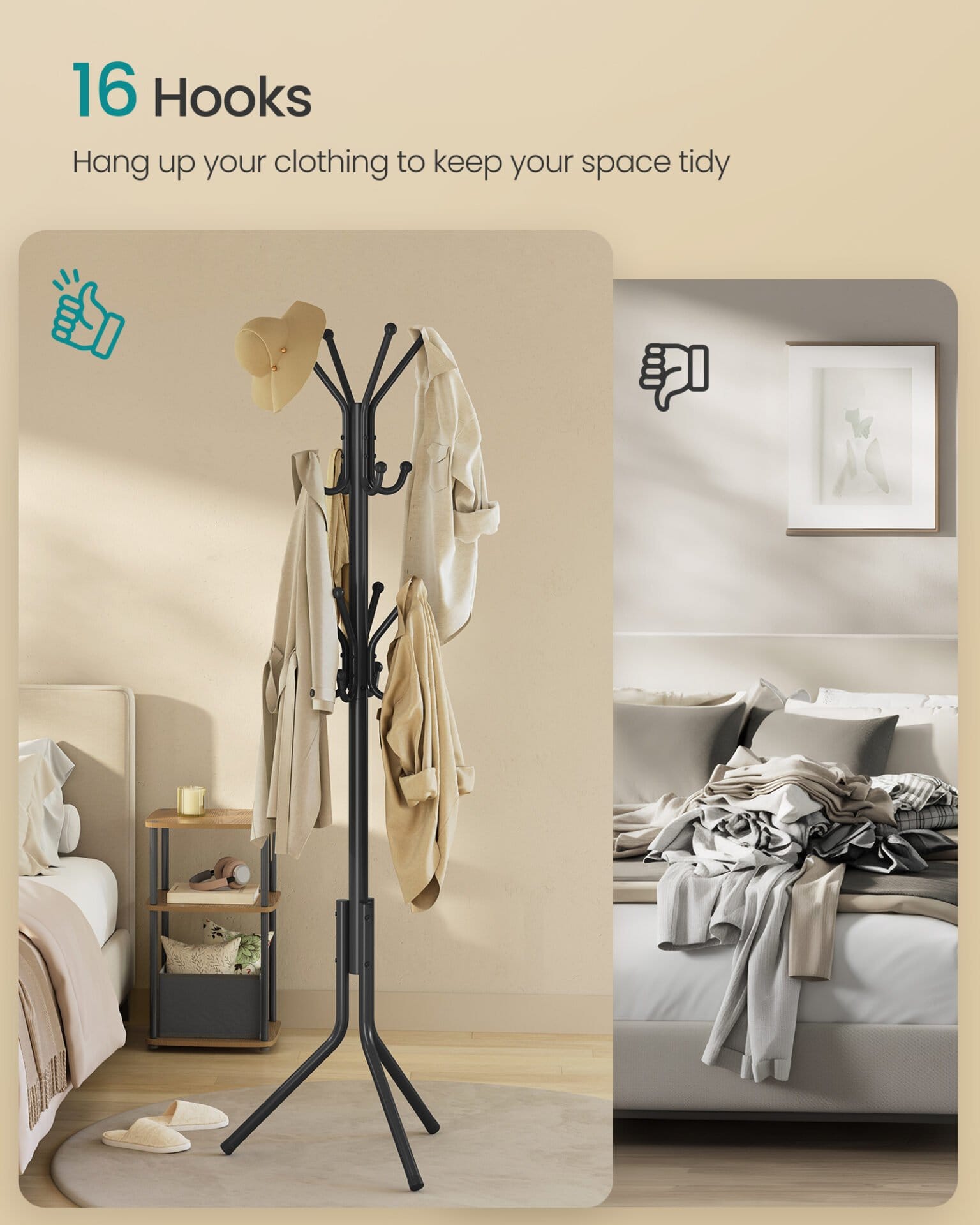 SONGMICS Coat Rack, Metal Coat Tree, Freestanding Organizer for Clothes, Bags, Hats, 175 cm Tall, 16 Hooks, for Entryway, Living Room, Bedroom, Ink Black RCR081BH01 3 SONGMICS Coat Rack, Metal Coat Tree, Freestanding Organizer for Clothes, Bags, Hats, 175 cm Tall, 16 Hooks, for Entryway, Living Room, Bedroom, Ink Black RCR081BH01 - Billede 3