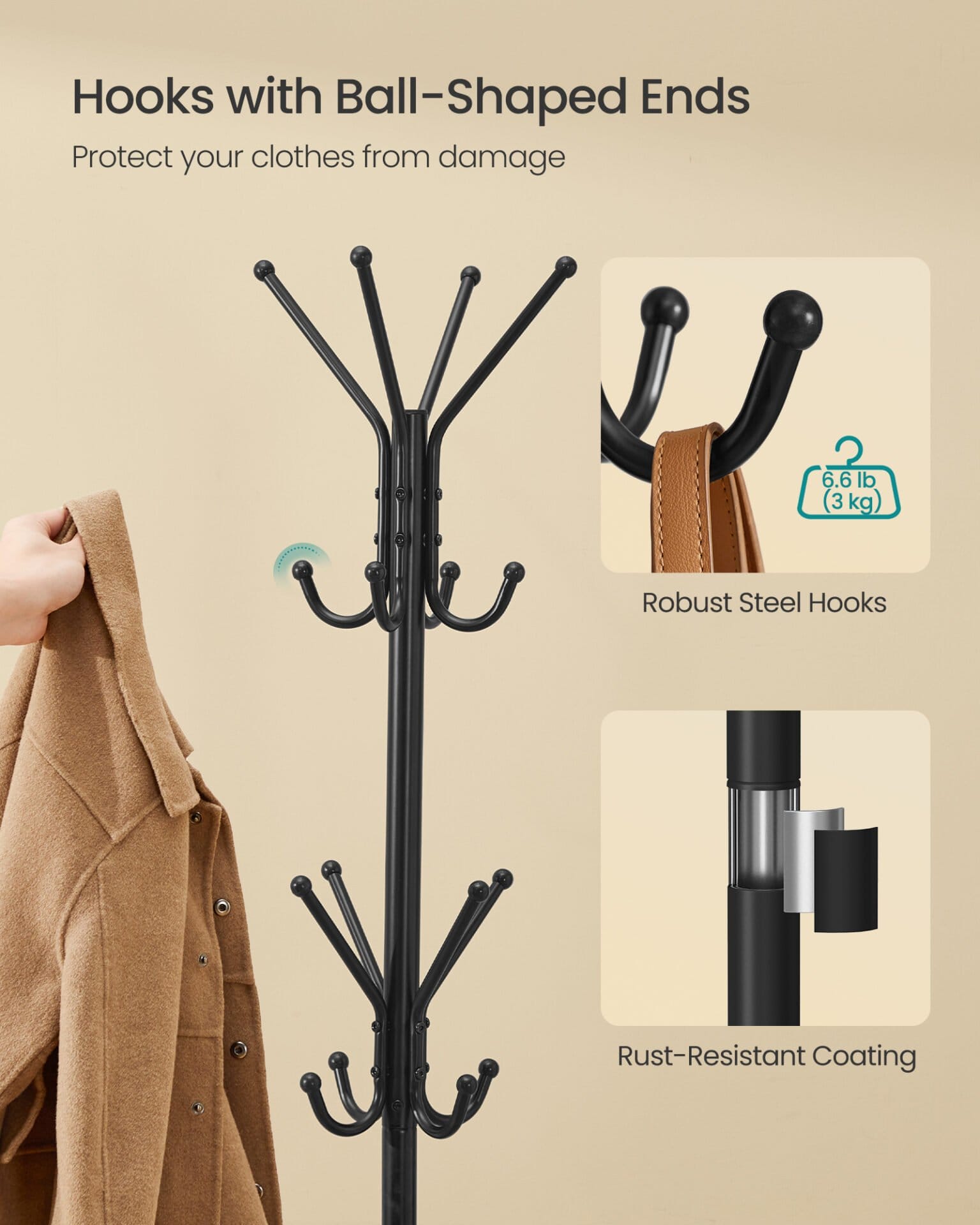 SONGMICS Coat Rack, Metal Coat Tree, Freestanding Organizer for Clothes, Bags, Hats, 175 cm Tall, 16 Hooks, for Entryway, Living Room, Bedroom, Ink Black RCR081BH01 4 SONGMICS Coat Rack, Metal Coat Tree, Freestanding Organizer for Clothes, Bags, Hats, 175 cm Tall, 16 Hooks, for Entryway, Living Room, Bedroom, Ink Black RCR081BH01 - Billede 4
