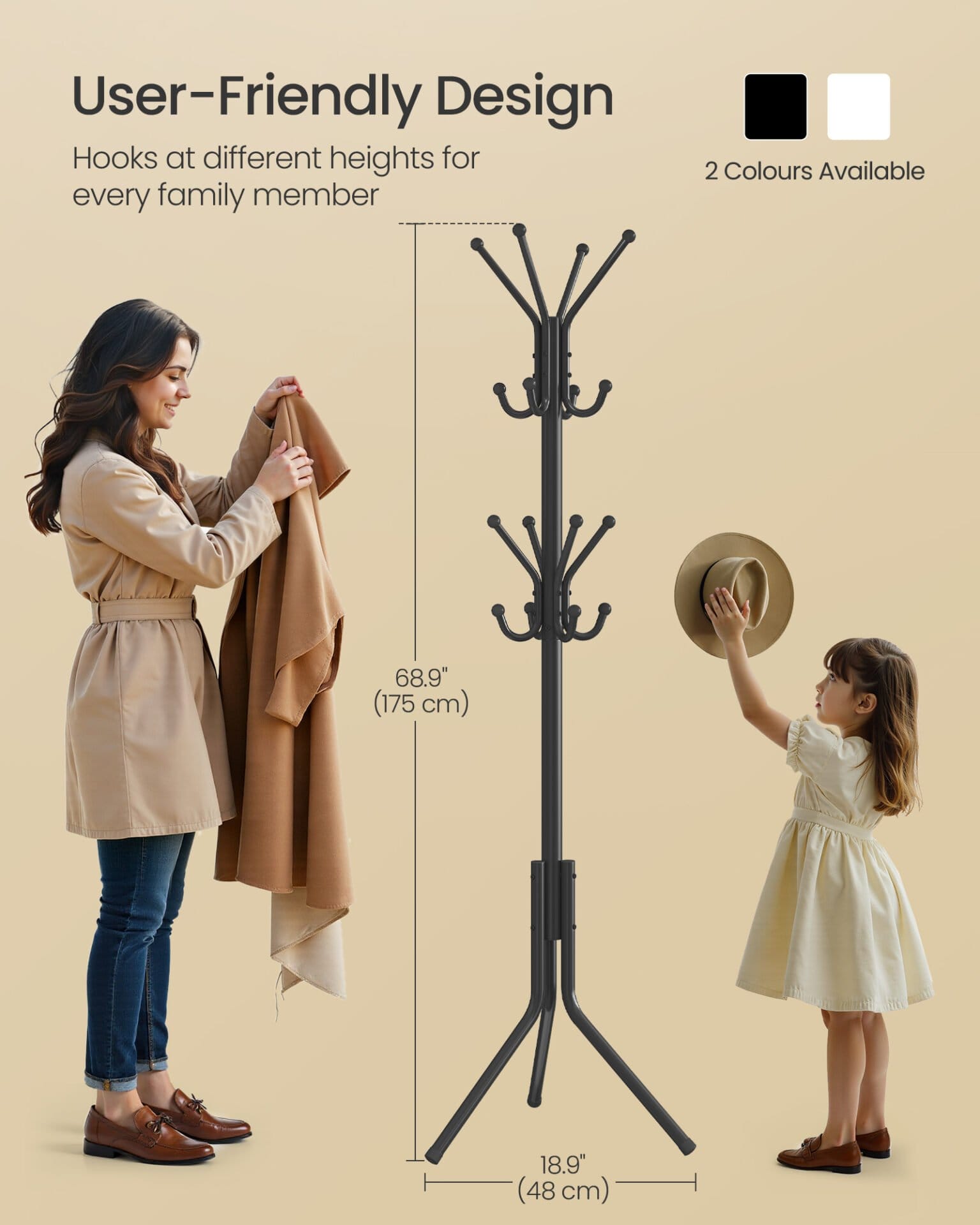 SONGMICS Coat Rack, Metal Coat Tree, Freestanding Organizer for Clothes, Bags, Hats, 175 cm Tall, 16 Hooks, for Entryway, Living Room, Bedroom, Ink Black RCR081BH01 6 SONGMICS Coat Rack, Metal Coat Tree, Freestanding Organizer for Clothes, Bags, Hats, 175 cm Tall, 16 Hooks, for Entryway, Living Room, Bedroom, Ink Black RCR081BH01 - Billede 6