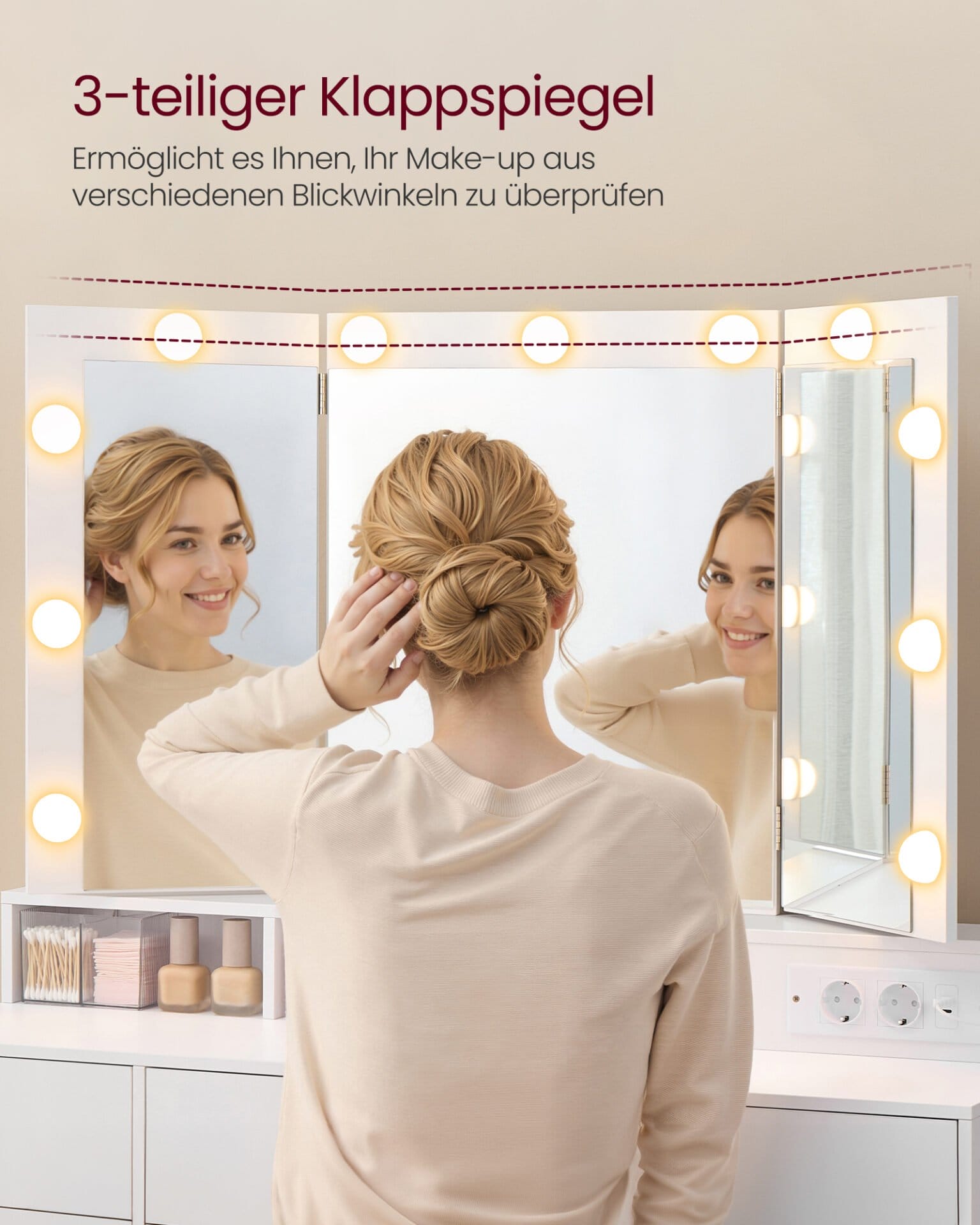 VASAGLE RDT146WB01 Large Dressing Table with Mirror and Plug, Adjustable LED Lighting, Makeup Table with 9 Drawers Dressing Table Modern, White 3 VASAGLE RDT146WB01 Large Dressing Table with Mirror and Plug, Adjustable LED Lighting, Makeup Table with 9 Drawers Dressing Table Modern, White - Billede 3