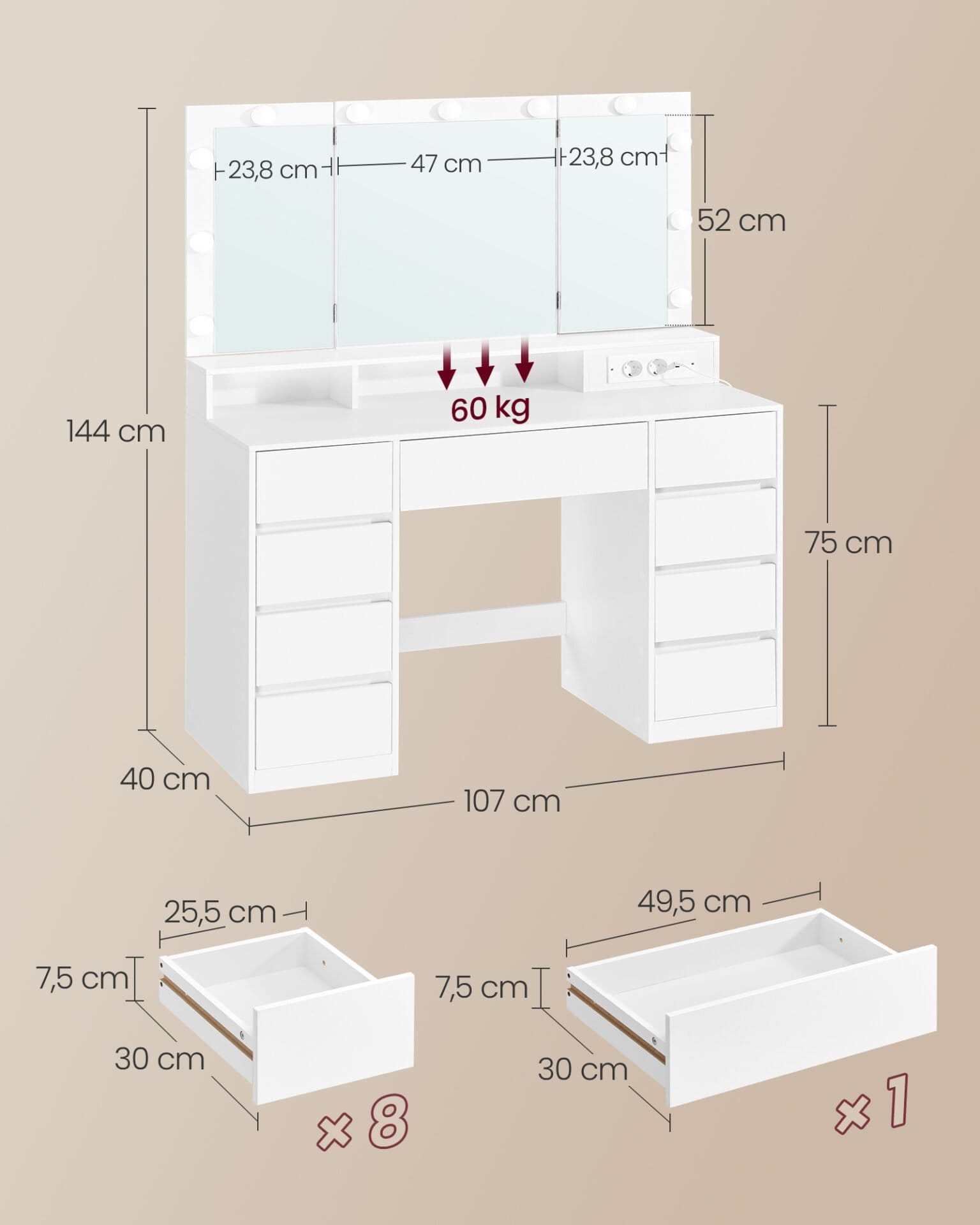 VASAGLE RDT146WB01 Large Dressing Table with Mirror and Plug, Adjustable LED Lighting, Makeup Table with 9 Drawers Dressing Table Modern, White 4 VASAGLE RDT146WB01 Large Dressing Table with Mirror and Plug, Adjustable LED Lighting, Makeup Table with 9 Drawers Dressing Table Modern, White - Billede 4