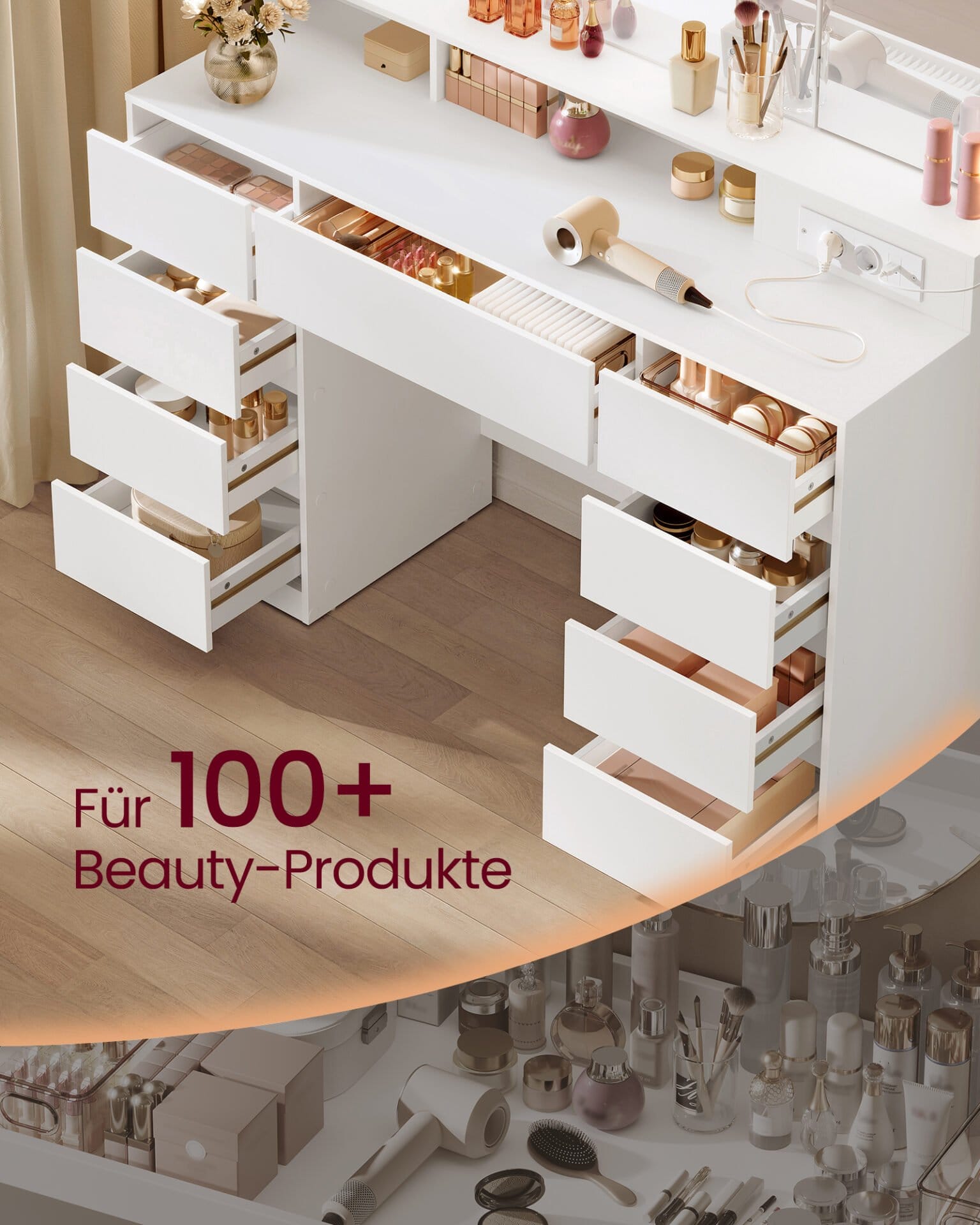 VASAGLE RDT146WB01 Large Dressing Table with Mirror and Plug, Adjustable LED Lighting, Makeup Table with 9 Drawers Dressing Table Modern, White 6 VASAGLE RDT146WB01 Large Dressing Table with Mirror and Plug, Adjustable LED Lighting, Makeup Table with 9 Drawers Dressing Table Modern, White - Billede 6