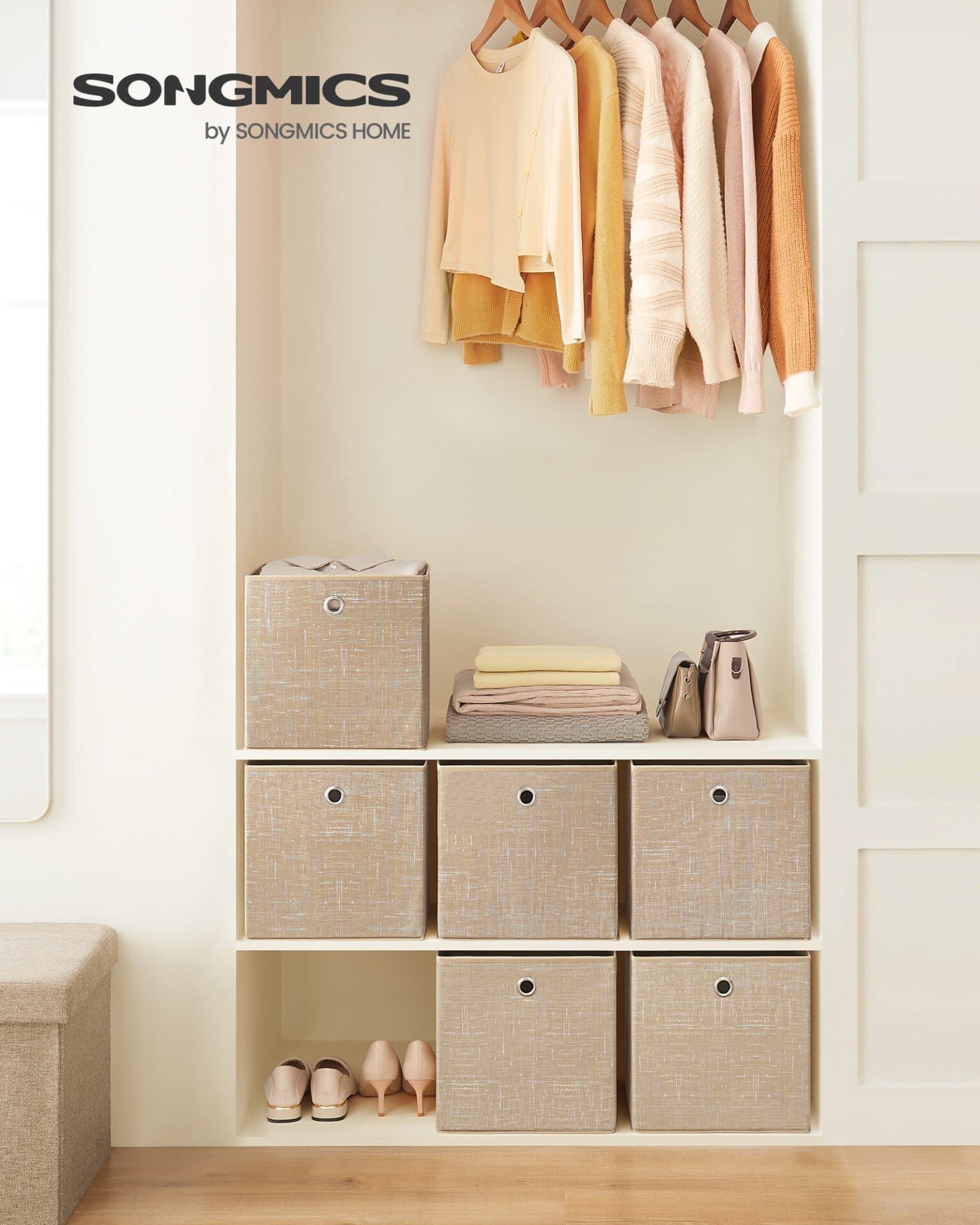 SONGMICS Storage Boxes, Set of 6 Non-Woven Fabric Boxes with Handles, 30 x 30 x 30 cm, Fit Cube Storage Unit, for Shelves, Foldable, Clothes Organisers, Sand Beige RFB006K03 1 SONGMICS Storage Boxes, Set of 6 Non-Woven Fabric Boxes with Handles, 30 x 30 x 30 cm, Fit Cube Storage Unit, for Shelves, Foldable, Clothes Organisers, Sand Beige RFB006K03
