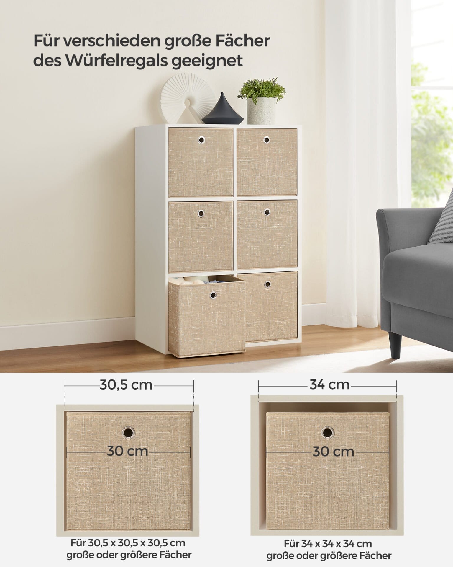 SONGMICS Storage Boxes, Set of 6 Non-Woven Fabric Boxes with Handles, 30 x 30 x 30 cm, Fit Cube Storage Unit, for Shelves, Foldable, Clothes Organisers, Sand Beige RFB006K03 4 SONGMICS Storage Boxes, Set of 6 Non-Woven Fabric Boxes with Handles, 30 x 30 x 30 cm, Fit Cube Storage Unit, for Shelves, Foldable, Clothes Organisers, Sand Beige RFB006K03 - Billede 4