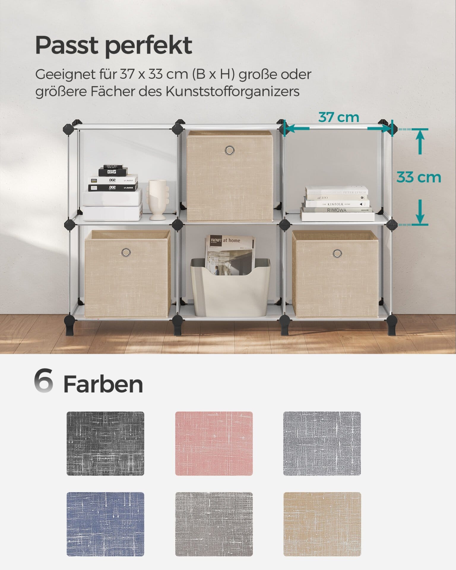 SONGMICS Storage Boxes, Set of 6 Non-Woven Fabric Boxes with Handles, 30 x 30 x 30 cm, Fit Cube Storage Unit, for Shelves, Foldable, Clothes Organisers, Sand Beige RFB006K03 6 SONGMICS Storage Boxes, Set of 6 Non-Woven Fabric Boxes with Handles, 30 x 30 x 30 cm, Fit Cube Storage Unit, for Shelves, Foldable, Clothes Organisers, Sand Beige RFB006K03 - Billede 6