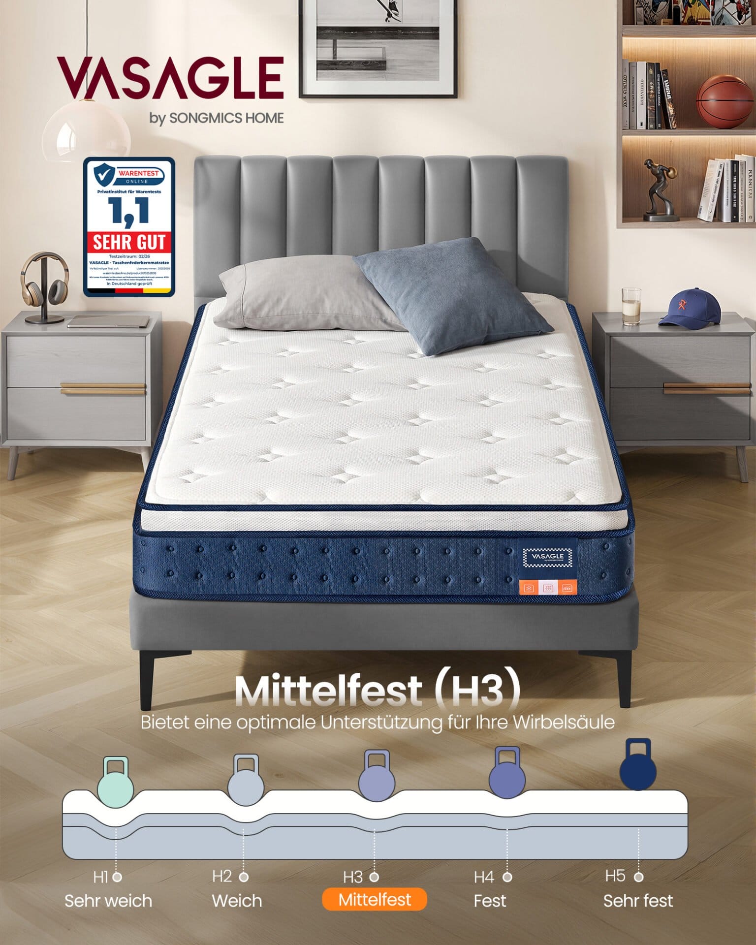 VASAGLE 90 x 200 x 20 cm Medium Firm Gel Memory Foam Pocket Spring Mattress, H3, 7-Zone Support, Motion Isolation, Breathable Cover, Blue RMZ212QZ02 1 VASAGLE 90 x 200 x 20 cm Medium Firm Gel Memory Foam Pocket Spring Mattress, H3, 7-Zone Support, Motion Isolation, Breathable Cover, Blue RMZ212QZ02