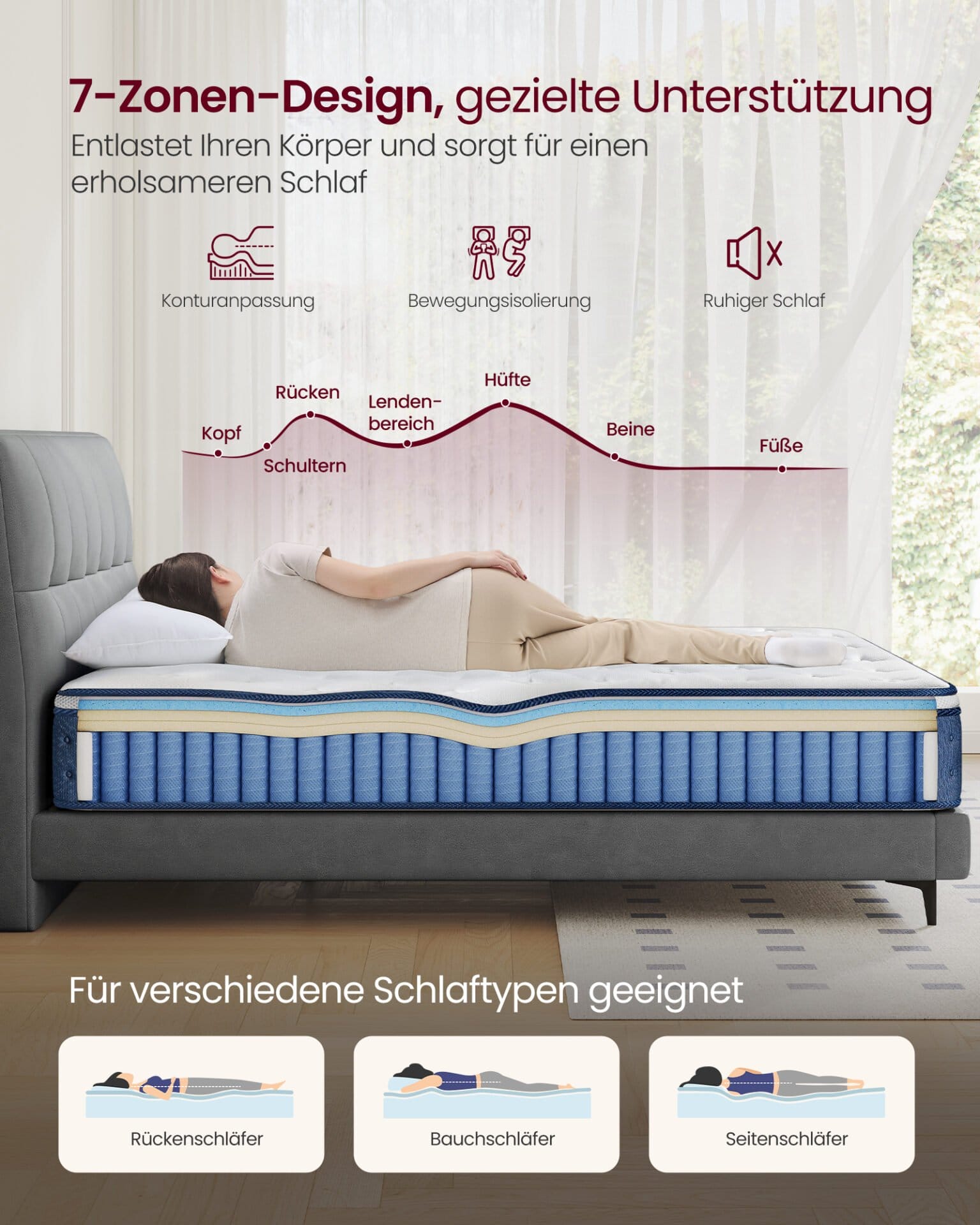 VASAGLE 90 x 200 x 20 cm Medium Firm Gel Memory Foam Pocket Spring Mattress, H3, 7-Zone Support, Motion Isolation, Breathable Cover, Blue RMZ212QZ02 4 VASAGLE 90 x 200 x 20 cm Medium Firm Gel Memory Foam Pocket Spring Mattress, H3, 7-Zone Support, Motion Isolation, Breathable Cover, Blue RMZ212QZ02 - Billede 4