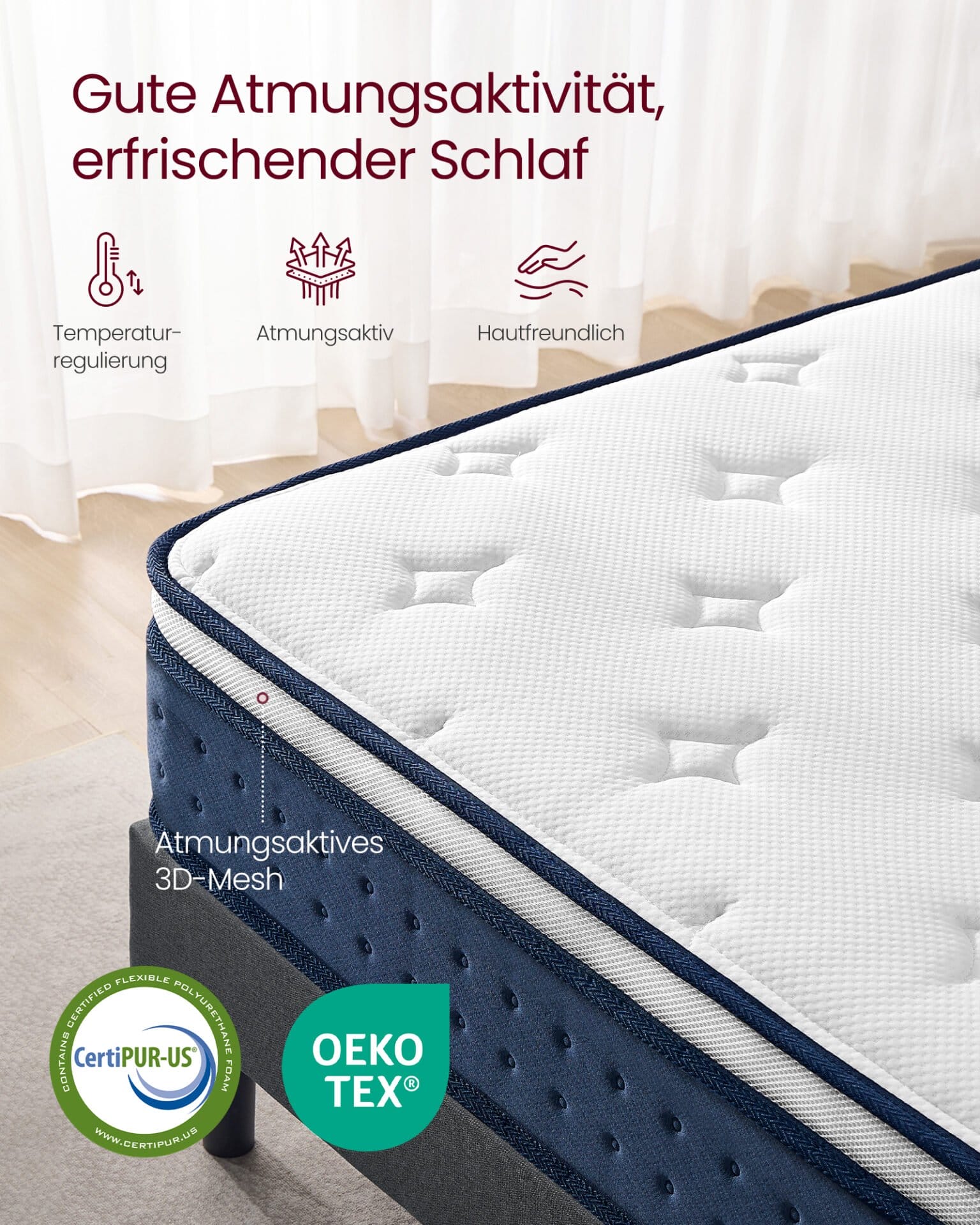VASAGLE 90 x 200 x 20 cm Medium Firm Gel Memory Foam Pocket Spring Mattress, H3, 7-Zone Support, Motion Isolation, Breathable Cover, Blue RMZ212QZ02 5 VASAGLE 90 x 200 x 20 cm Medium Firm Gel Memory Foam Pocket Spring Mattress, H3, 7-Zone Support, Motion Isolation, Breathable Cover, Blue RMZ212QZ02 - Billede 5