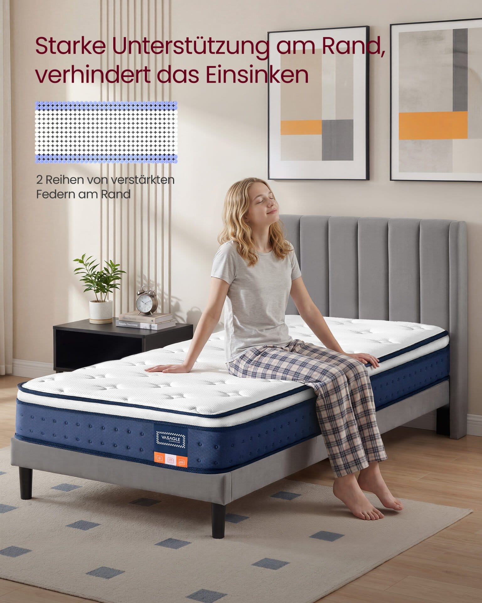 VASAGLE 90 x 200 x 20 cm Medium Firm Gel Memory Foam Pocket Spring Mattress, H3, 7-Zone Support, Motion Isolation, Breathable Cover, Blue RMZ212QZ02 6 VASAGLE 90 x 200 x 20 cm Medium Firm Gel Memory Foam Pocket Spring Mattress, H3, 7-Zone Support, Motion Isolation, Breathable Cover, Blue RMZ212QZ02 - Billede 6