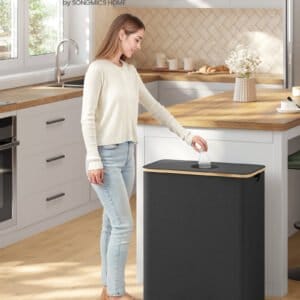 SONGMICS Recycling Bin for Kitchen 37 Gallon. Bottle Recycling Container, Collection Bin, for Metal, Plastic, Paper, Glass, Inner Bag with Handles, Kitchen, Ink Black and Natural Beige URRB513B01
